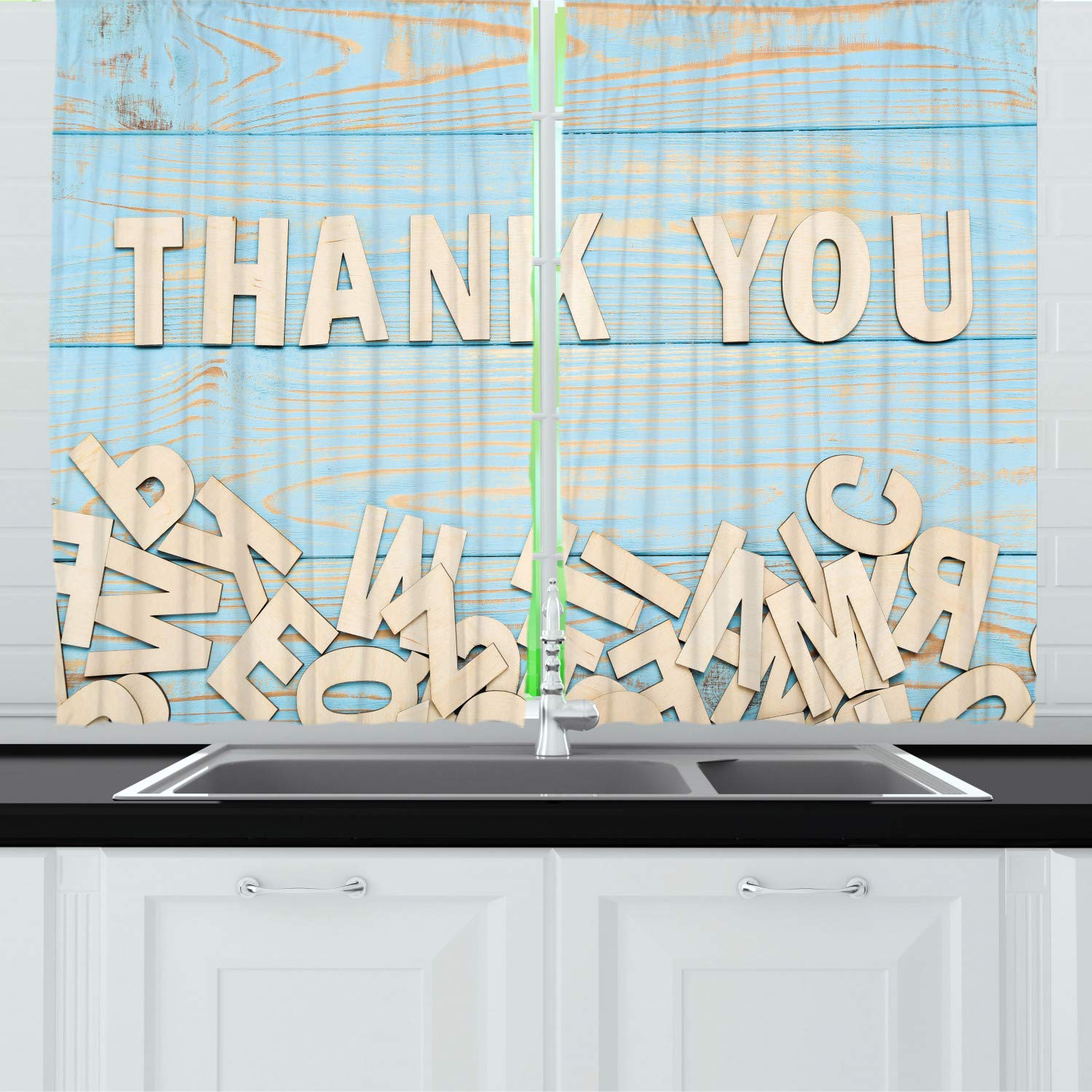 Ambesonne Gratitude Long Kitchen Curtains - Thank You Lettering with Wooden Letters Design, 55