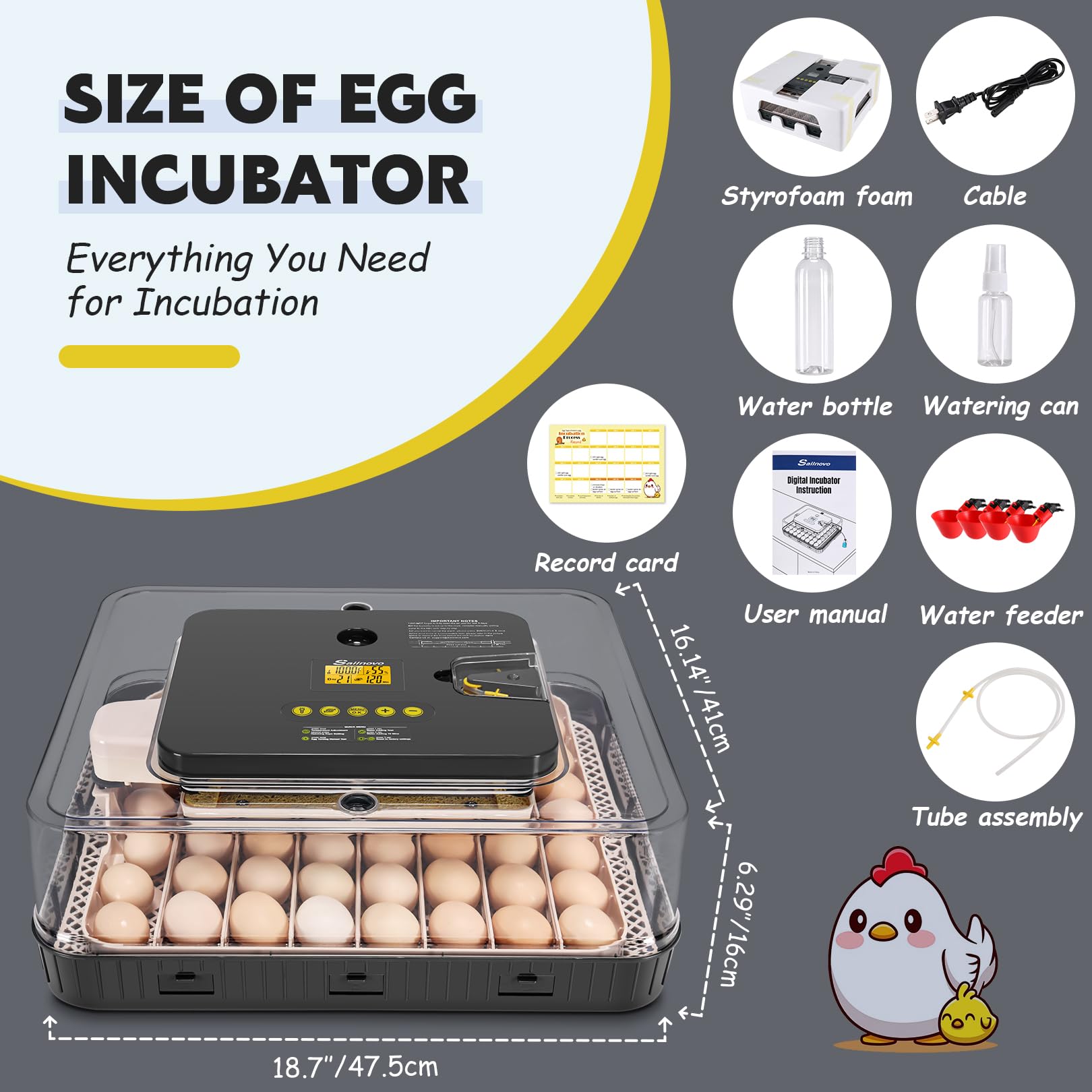 Sailnovo 56 Egg Incubator - Automatic Egg Turner, Temperature & Humidity Control, Built-in Candler for Chicken, Duck & Quail Eggs (18.7