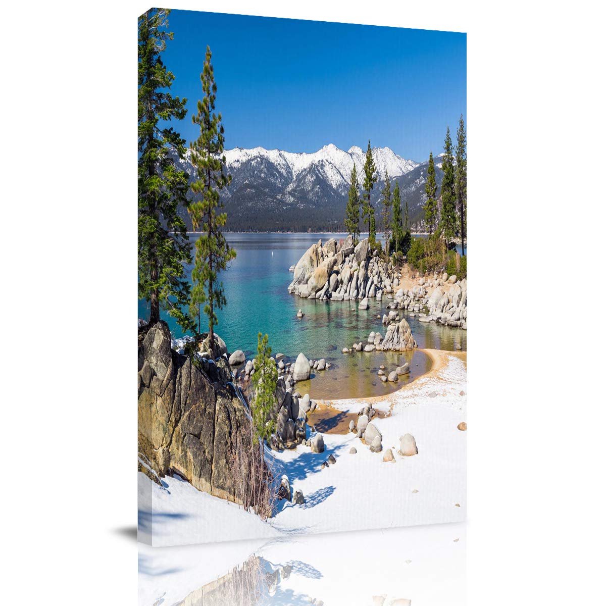 Lake Tahoe Forest Snow Scenery Canvas Wall Art - Blue Sky Clouds Abstract Framed Painting Print for Home Decor (20