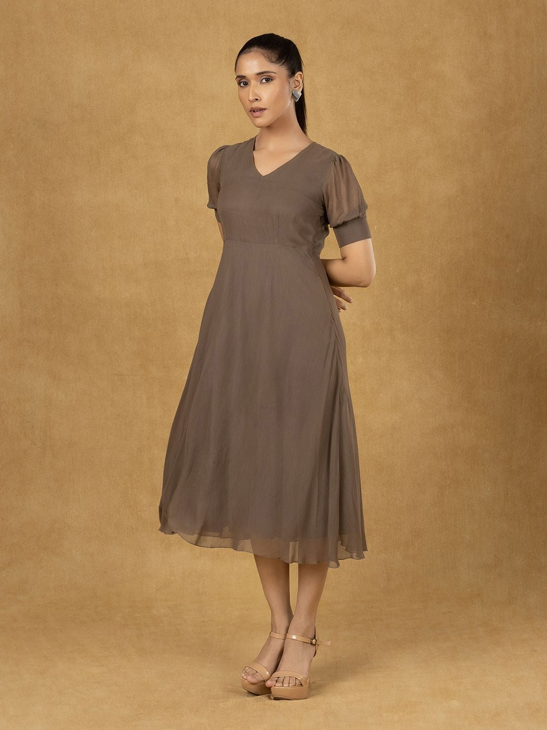 Elegant Brown Solid Fit and Flare Dress for Women - Perfect for Office, Cocktail Parties & Date Nights