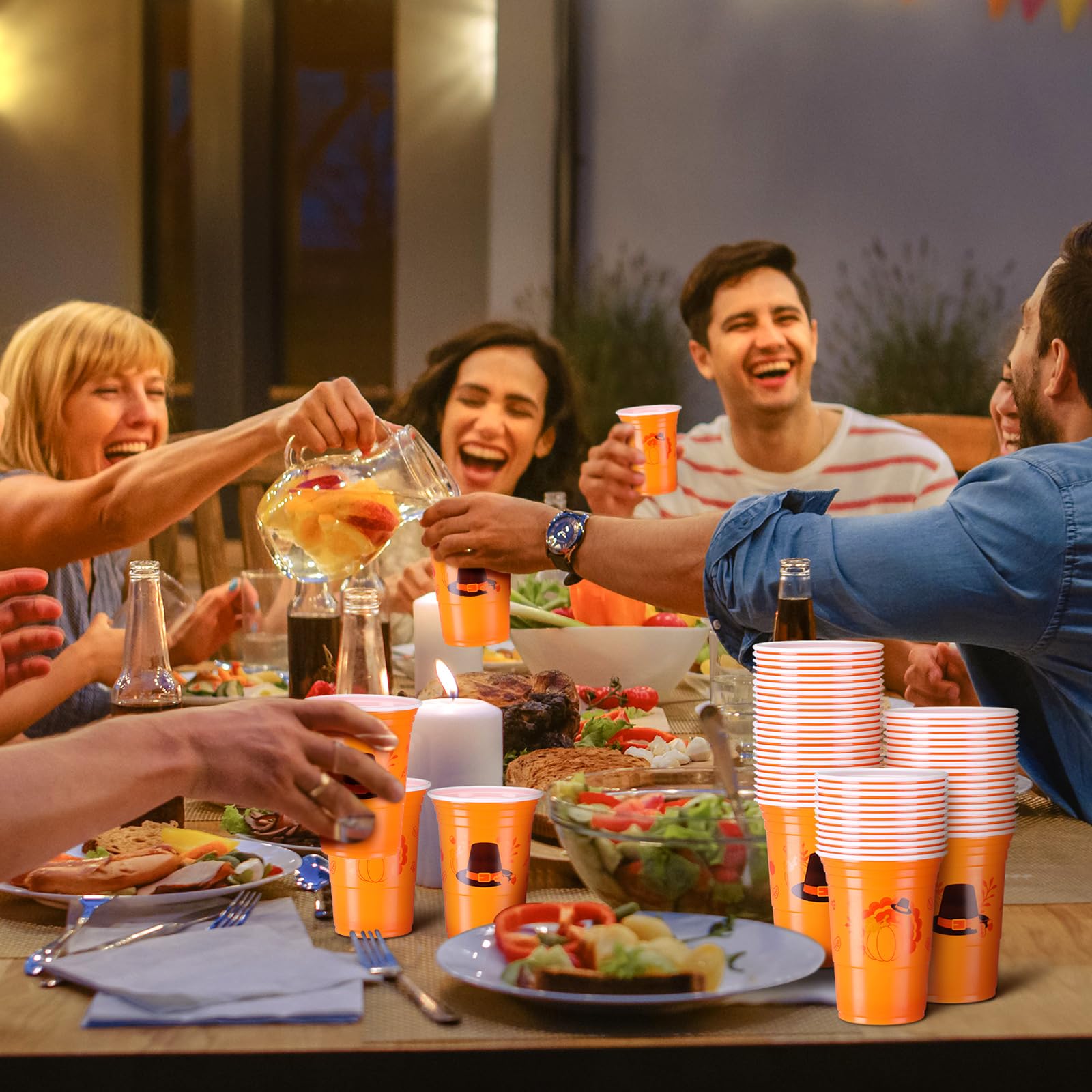 100-Pack 16oz Thanksgiving Plastic Cups - Bulk Disposable Orange Pumpkin Cups for Juice, Coffee & Fall Beverages | Perfect for Thanksgiving Dinner, Autumn Harvest Parties & Holiday Decorations