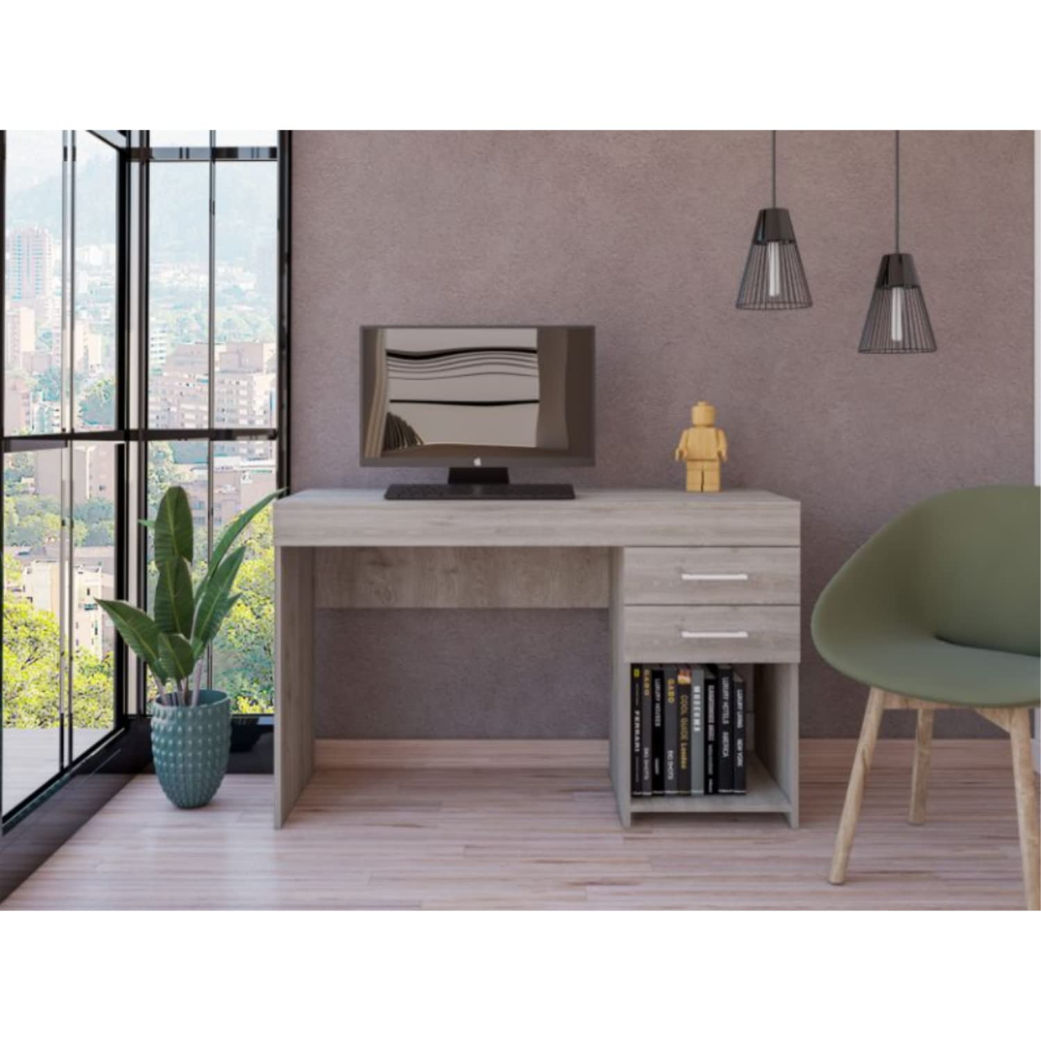 Maui 2 Drawers Computer Desk with Lower Shelf - Light Gray Home Office Desk for Small Spaces, Gaming & Study Workstation