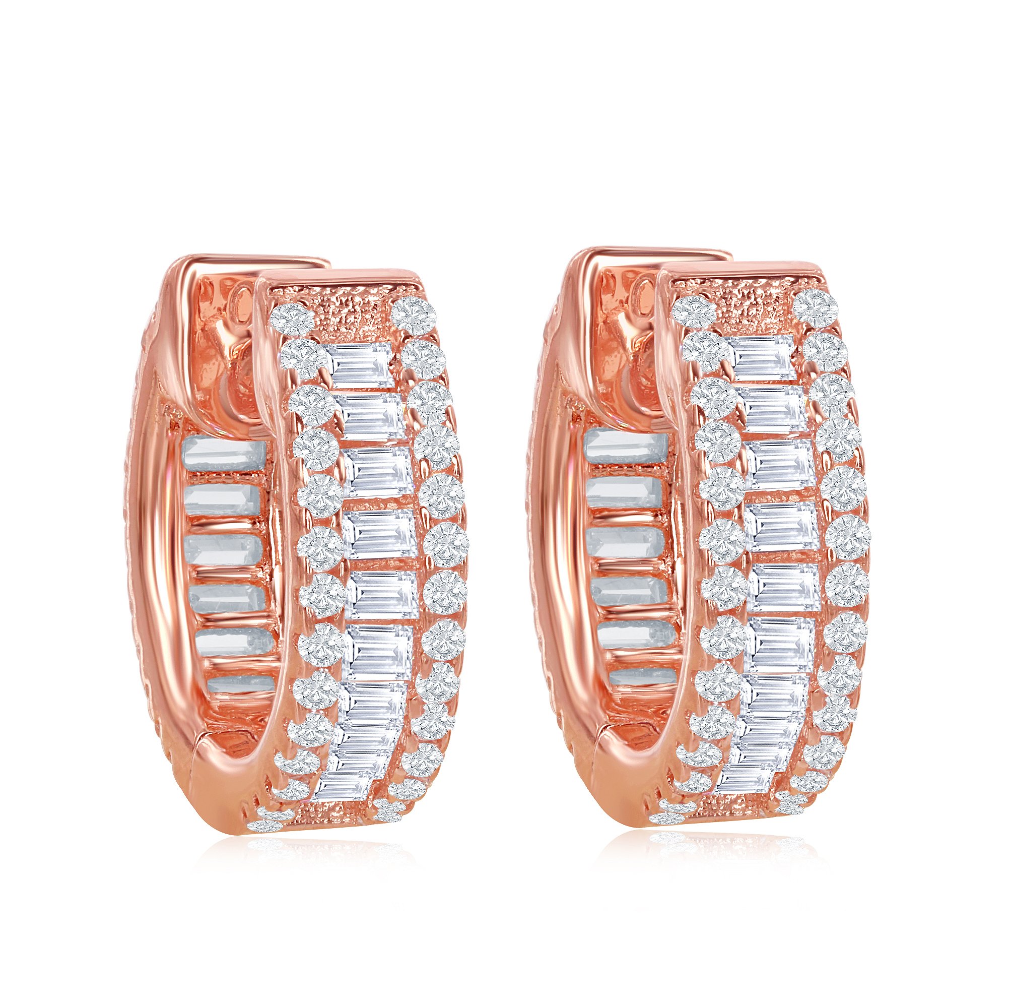 Sterling Silver or Rose Gold Plated Small Hoop Earrings with Baguette Cut Cubic Zirconia - Elegant Everyday Jewelry for Women, Perfect for Office, Date Night & Special Occasions