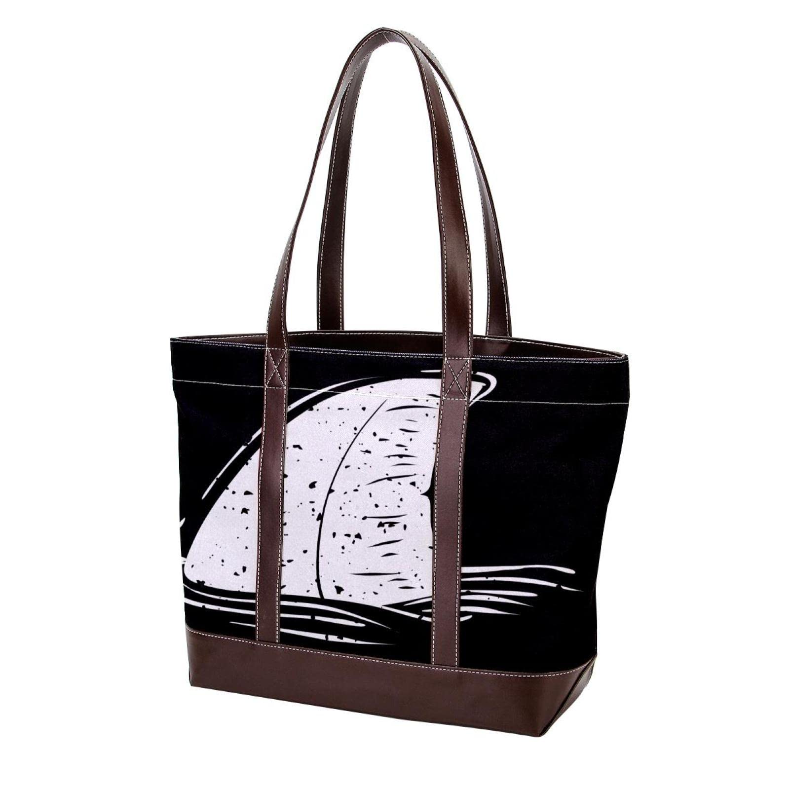 Stylish Black & White Shark Fin Triangle Pattern Tote Bag - Large Leather Canvas Women's Purse with Top Handle & Shoulder Strap - Perfect for Work, Travel & Beach Outings