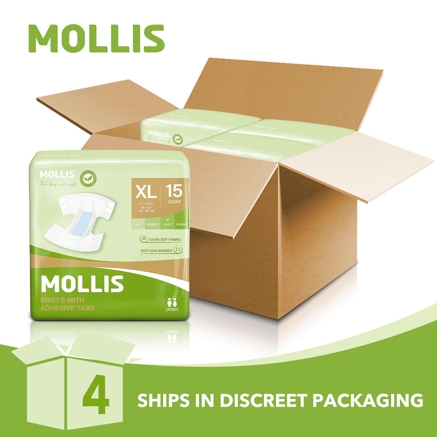 MOLLIS Adult Diapers for Women & Men - Unisex Disposable Incontinence Briefs with Tabs | Odor Control | XL Size (60 Count, 4 Packs of 15) | Ideal for Overnight Protection, Travel & Post-Surgery Care