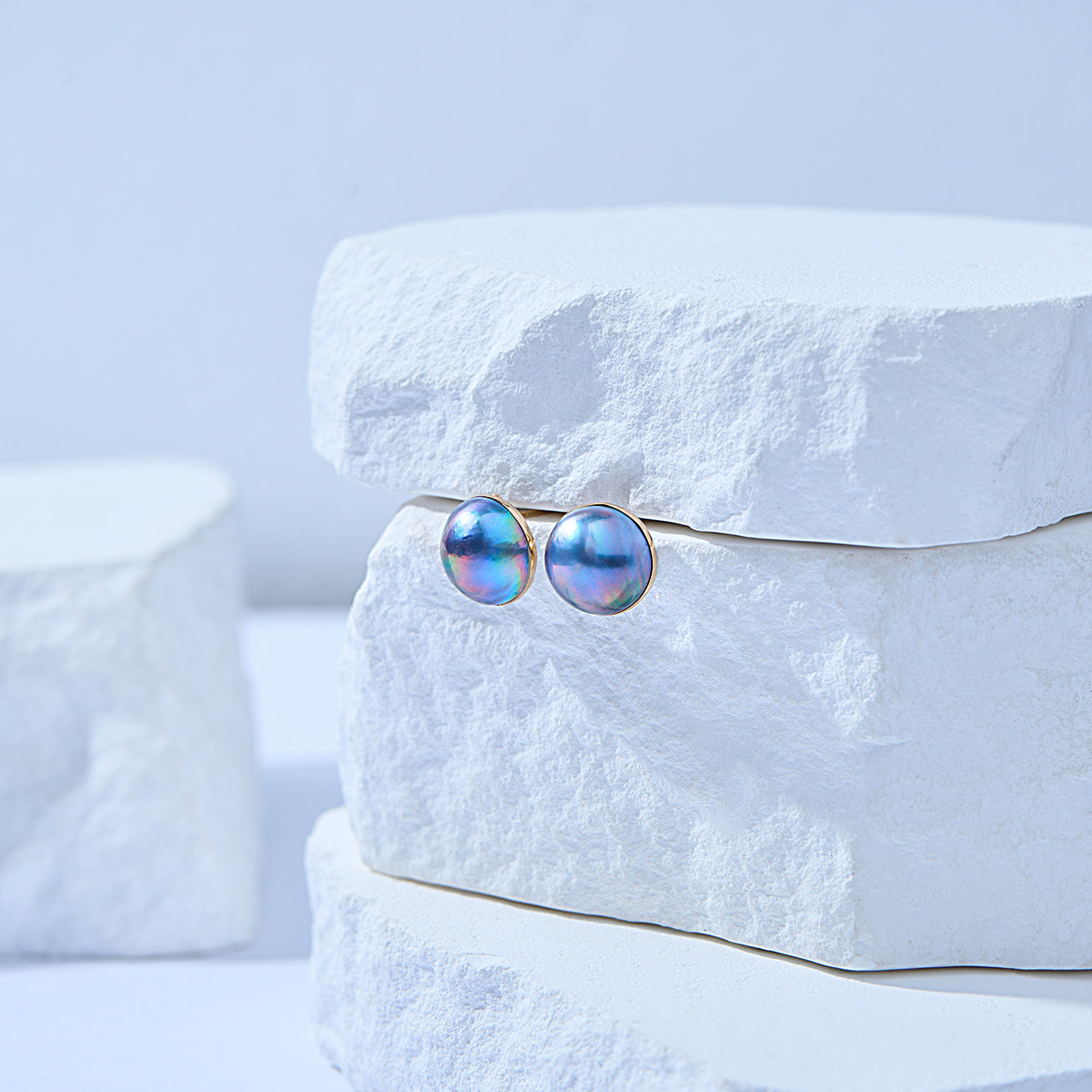 18K Gold Mabe Pearl Earrings KE00270 | Elegant Dome Stud Earrings for Women | Perfect for Weddings, Parties & Special Occasions