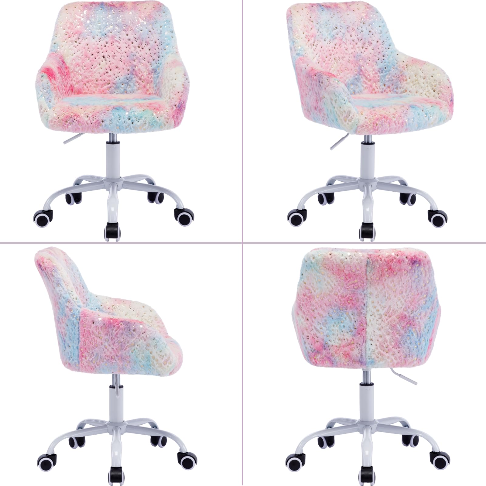 Cute Kids Swivel Desk Chair - Adjustable Faux Fur Upholstered Study Chair with White Wheels for Reading Room, Bedroom & Home Office - Perfect for Homework, Online Learning & Reading Time (Colorful)