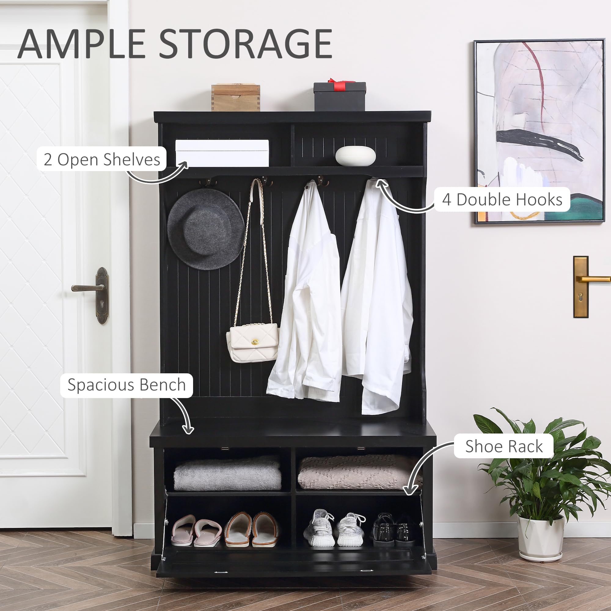 HOMCOM Entryway Bench with Coat Rack - 4 Double Hooks & 2 Storage Compartments, Hall Tree Bench with Shoe Storage for Hallway, Living Room, Bedroom - Black, Modern Furniture for Home Organization & Entryway Decor