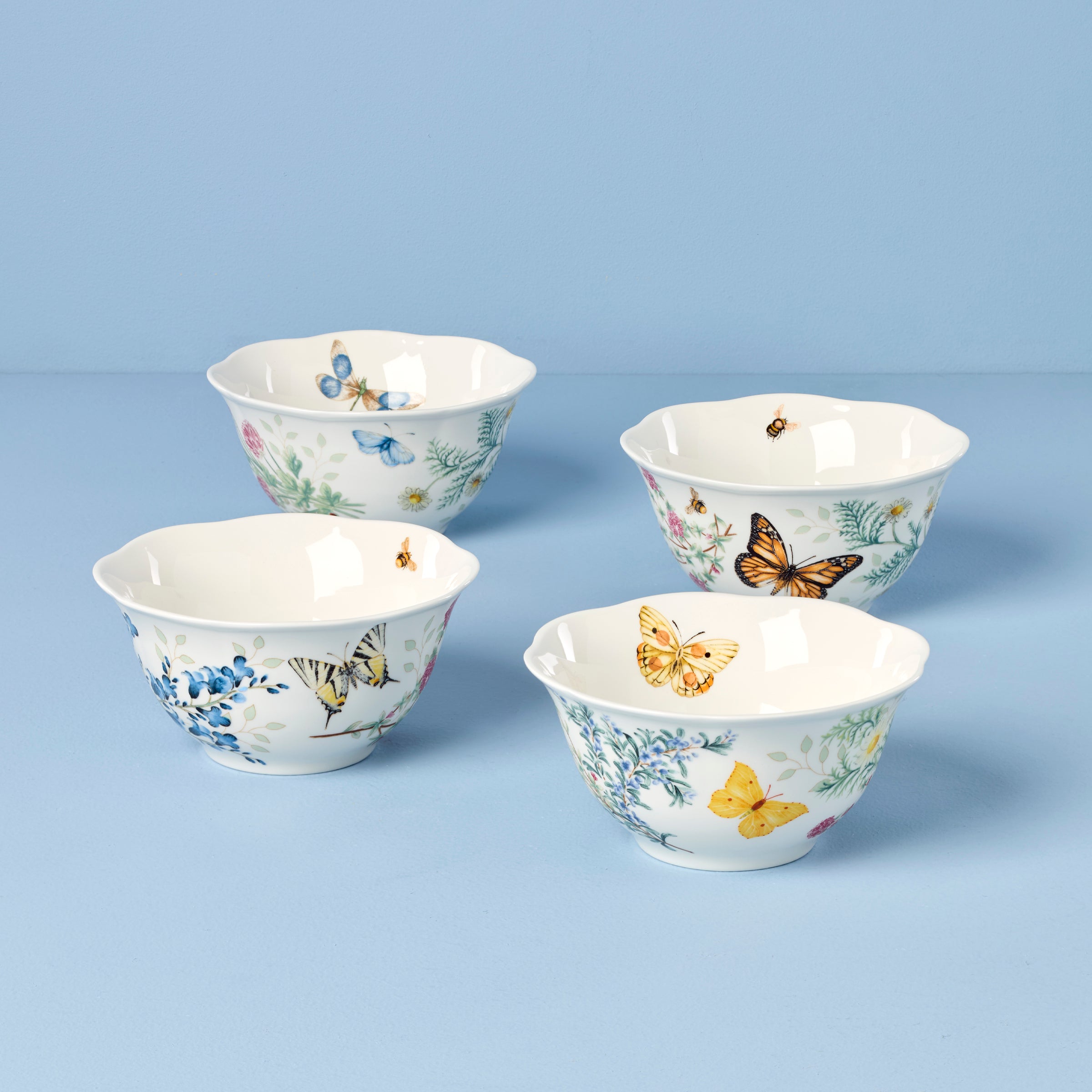 Butterfly Meadow Herbs Rice Bowls Set of 4 - Premium Ceramic Dinnerware for Asian Cuisine, Perfect for Sushi, Bibimbap & Home Dining