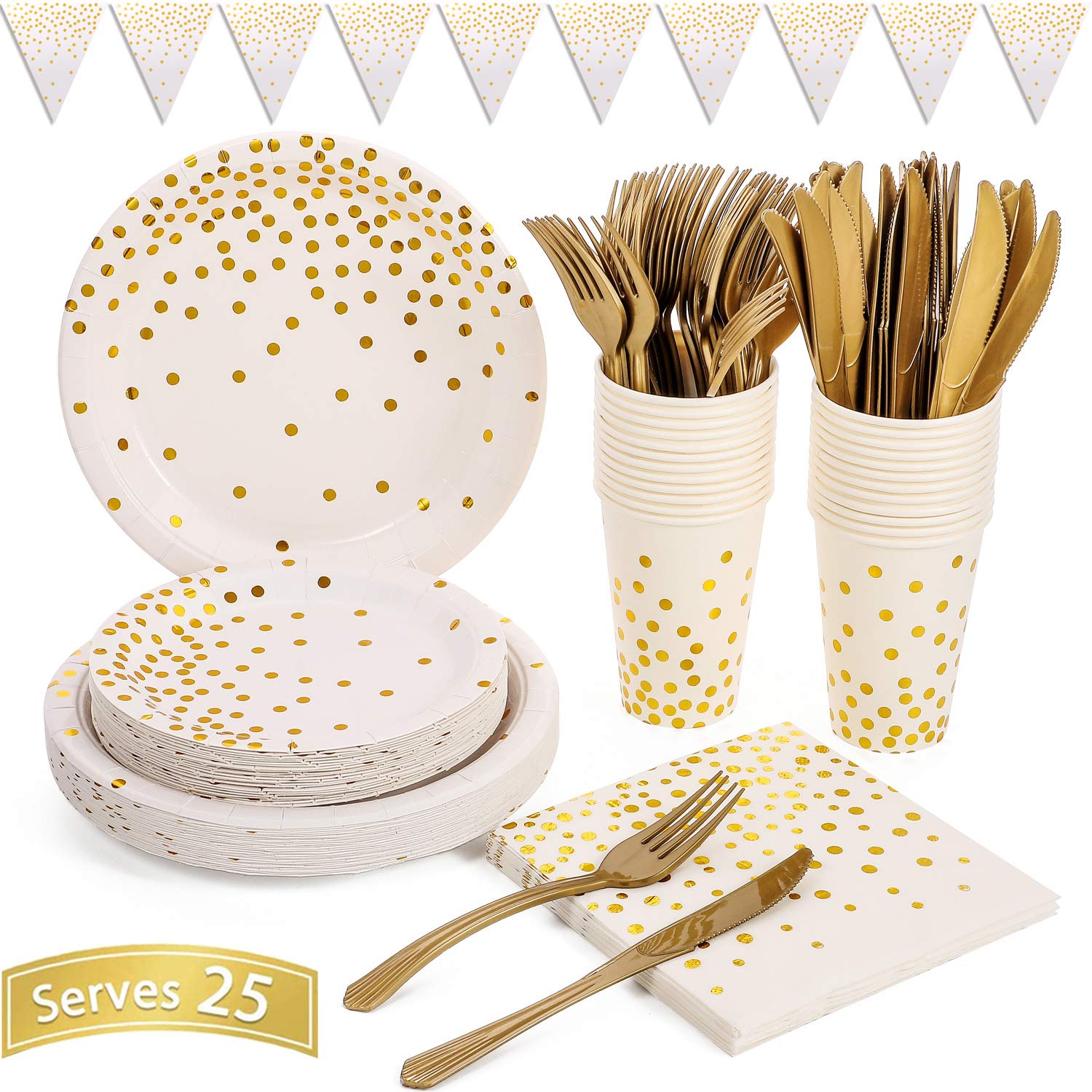 DUOCUTE 150PCS White & Gold Disposable Party Dinnerware Set - Golden Dot Paper Plates, Napkins, Cutlery, 12oz Cups & Banner for Wedding, Bridal Shower, Engagement - Elegant Tableware for 25 Guests | Perfect for Anniversary Celebrations, Birthday Parties & Formal Events