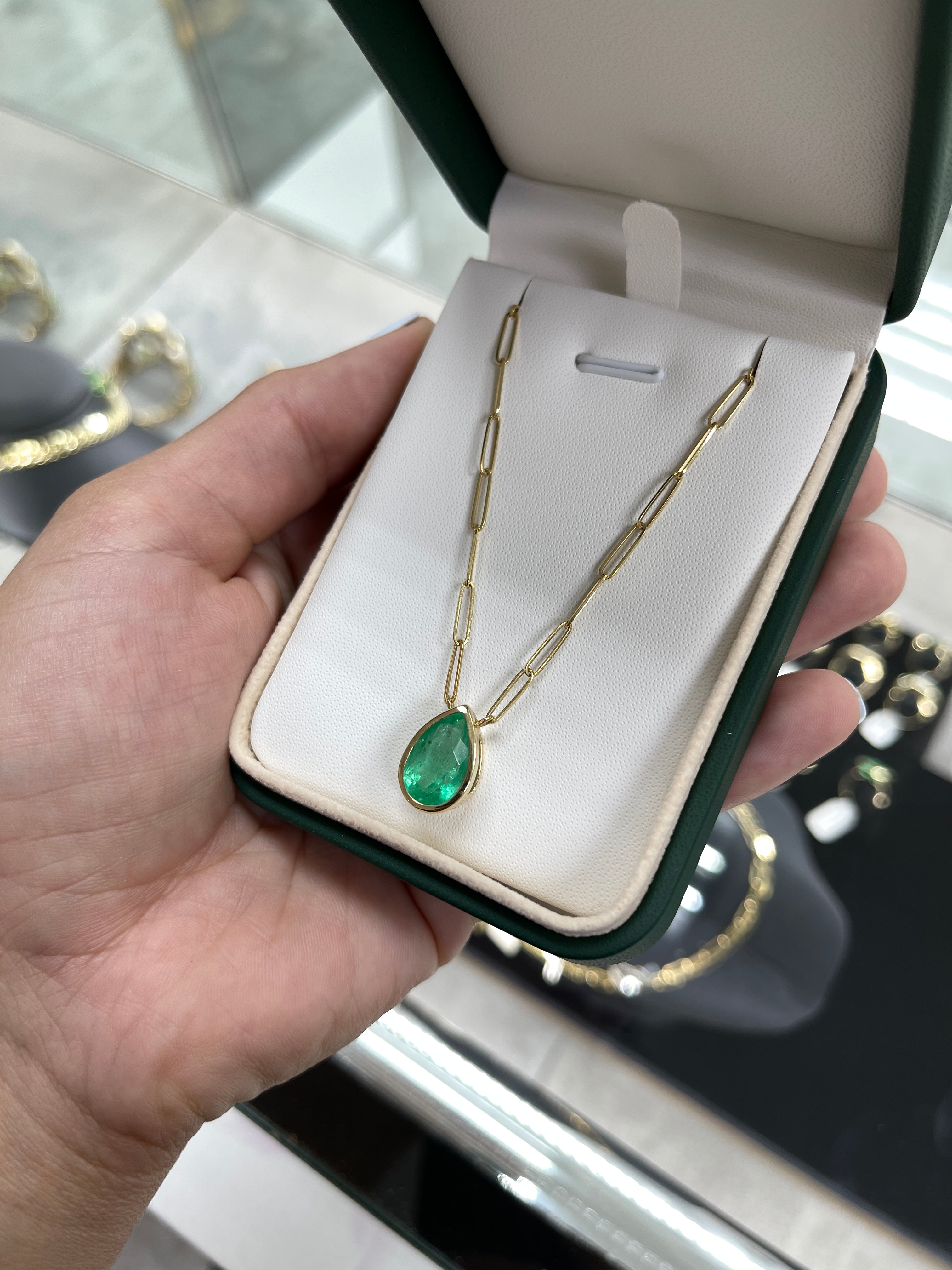 4.55 Carat Bezel Set Pear Cut Colombian Emerald Solitaire Paperclip Necklace - Elegant Jewelry for Weddings, Parties & Special Occasions