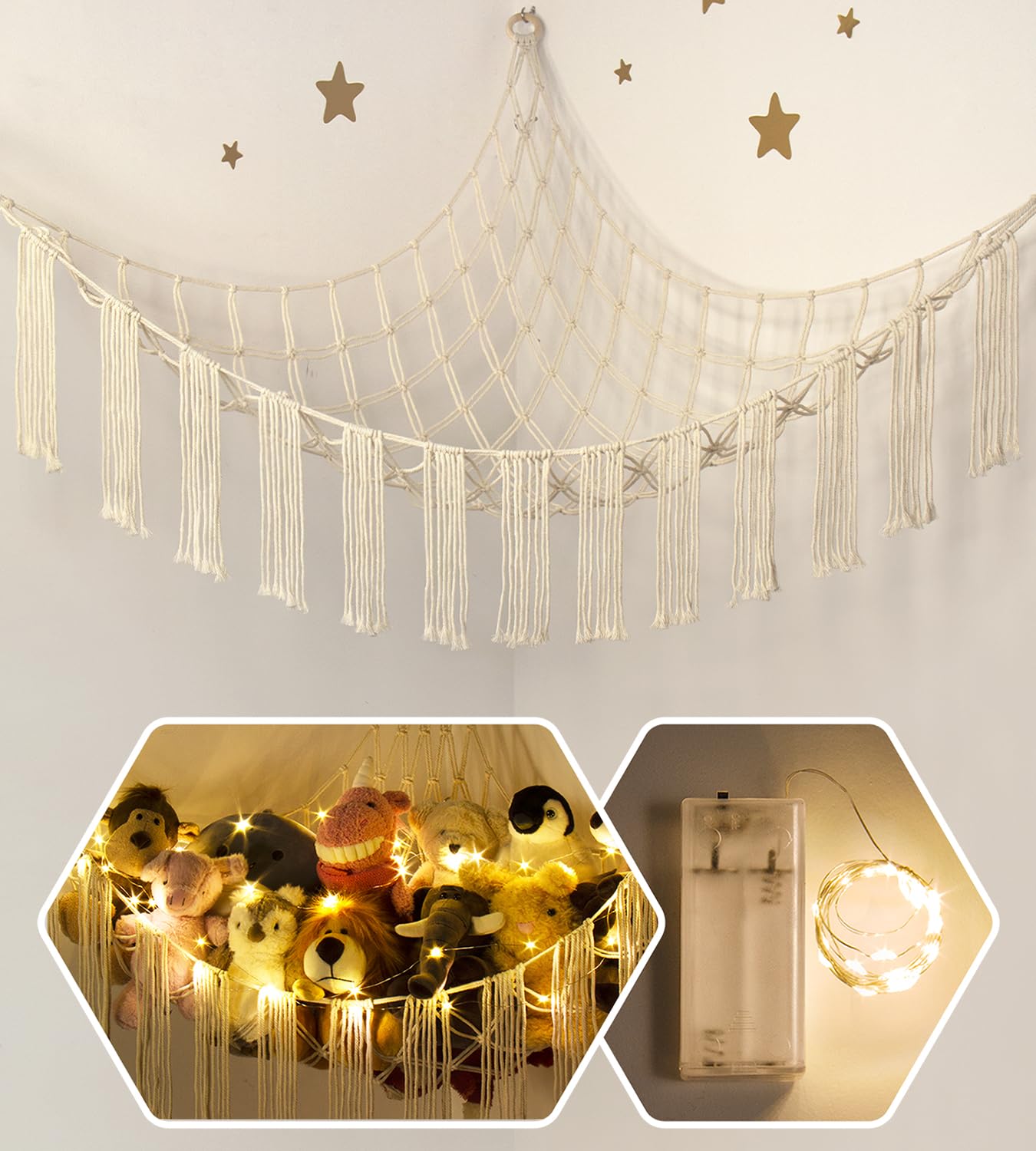 **Stuffed Animal Hammock with LED Lights - Large Plush Toy Storage Net - Hanging Organizer for Teddy Bears & Stuffed Animals - Kids Room Decor & Nursery Storage Solution - Perfect for Bedroom, Playroom, and Dorm Organization**