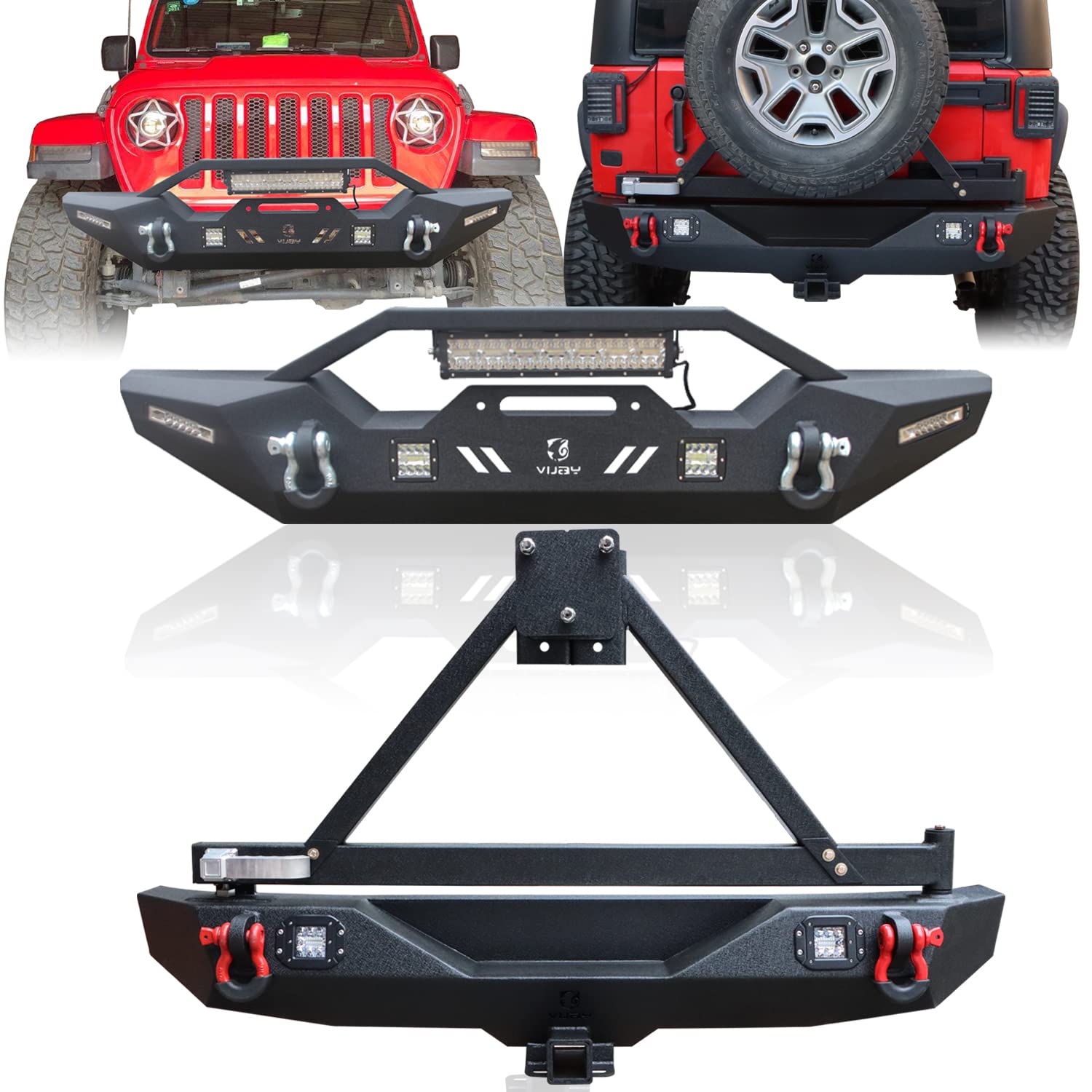 VIJAY Front & Rear Bumper Set for 2007-2017 Jeep Wrangler JK/JKU - Winch Plate, 6x24W LED Lights, 4x4.75T D-Rings, Hitch Receiver & Spare Tire Rack - Off-Road Adventure & Heavy-Duty Protection