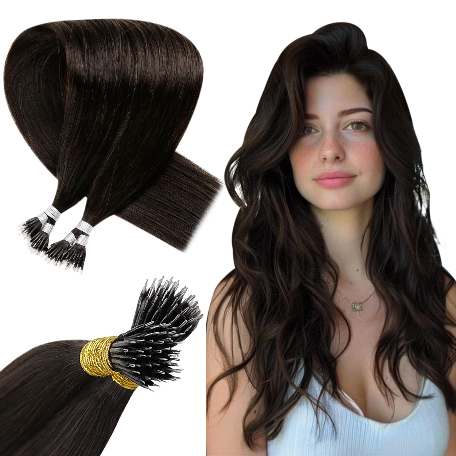 Premium 16 Inch Nano Ring Hair Extensions - 100% Real Human Hair, Darkest Brown, Straight & Soft Remy Hair for Women (50g, 50 Strands) | Perfect for Daily Wear, Special Occasions & Hair Volume Enhancement