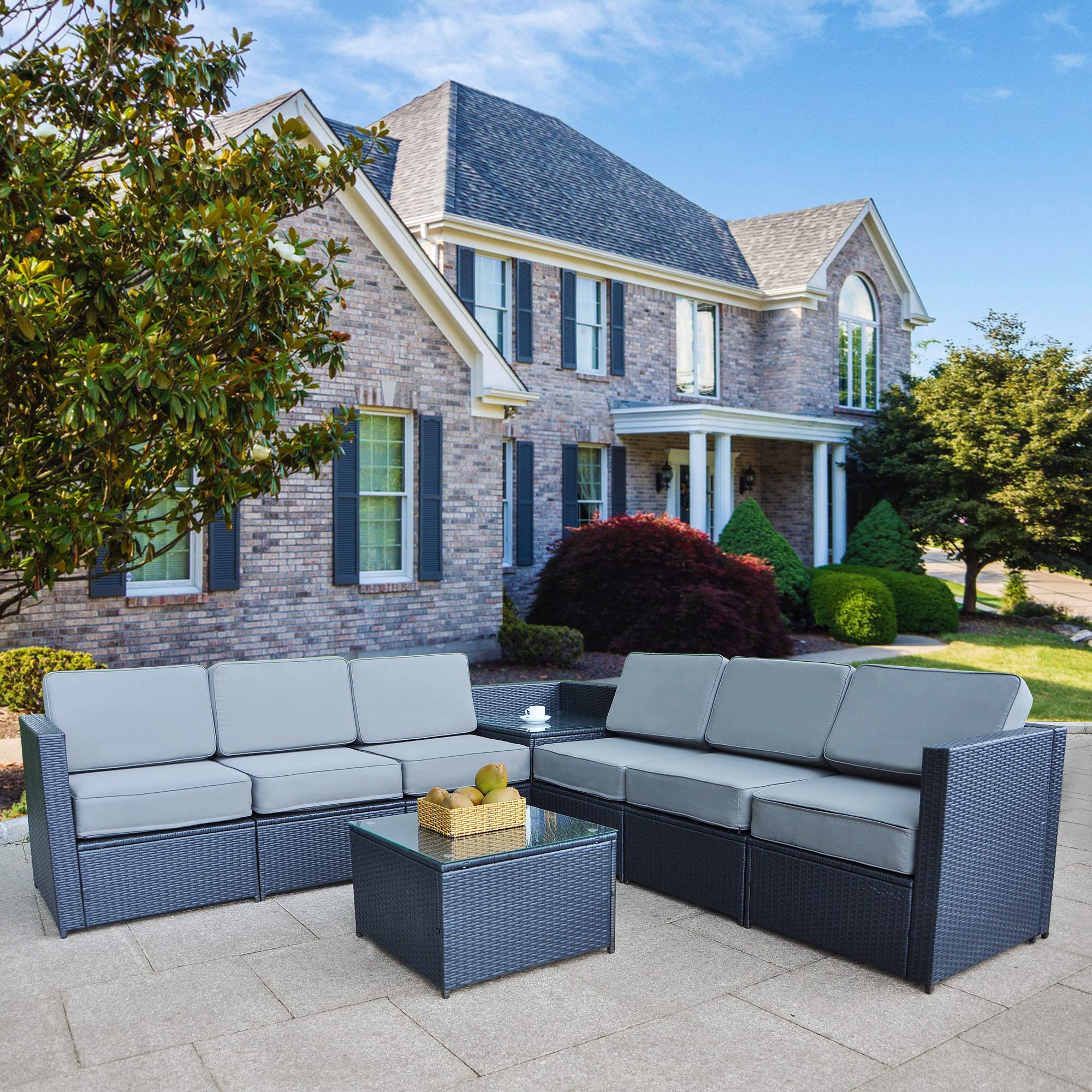 Outdoor Patio Furniture Set - Black Wicker Resin Rattan Sectional Sofa with Cushions | MCombo 6085-1008 Grey | Perfect for Garden, Poolside & Backyard Relaxation