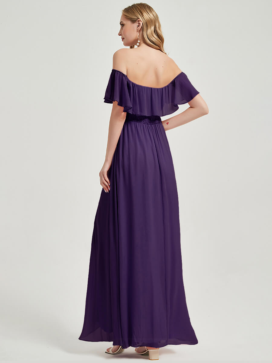 Elegant Dark Purple Convertible Ruffle Sleeves Chiffon Maxi Bridesmaid Dress for Weddings, Prom & Formal Events - Plus Size Available