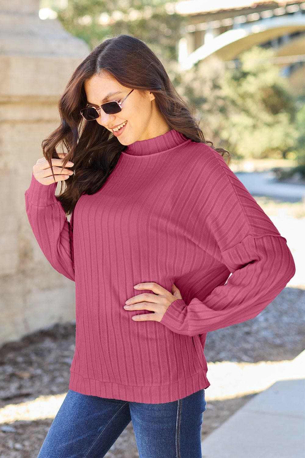 Stylish Ribbed Mock Neck Top with Exposed Seams - Women's Fashion Tops for Casual Wear, Office Outfits & Date Nights