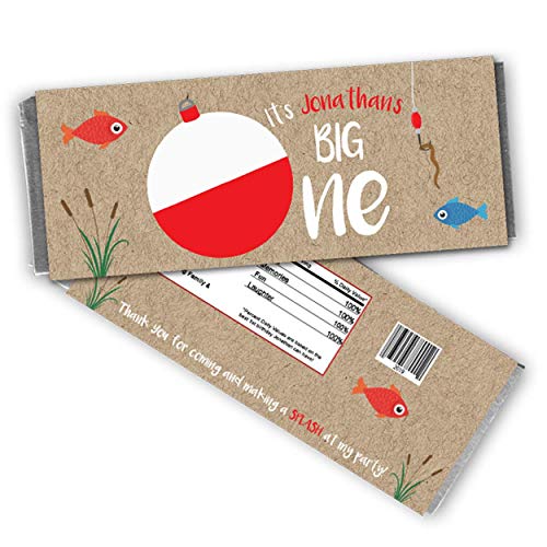 Personalized Big ONE Candy Bar Wrappers for 1st Birthday Boy - Fishing Theme Party Favors, Baby Shower Decorations & Birthday Celebration Supplies