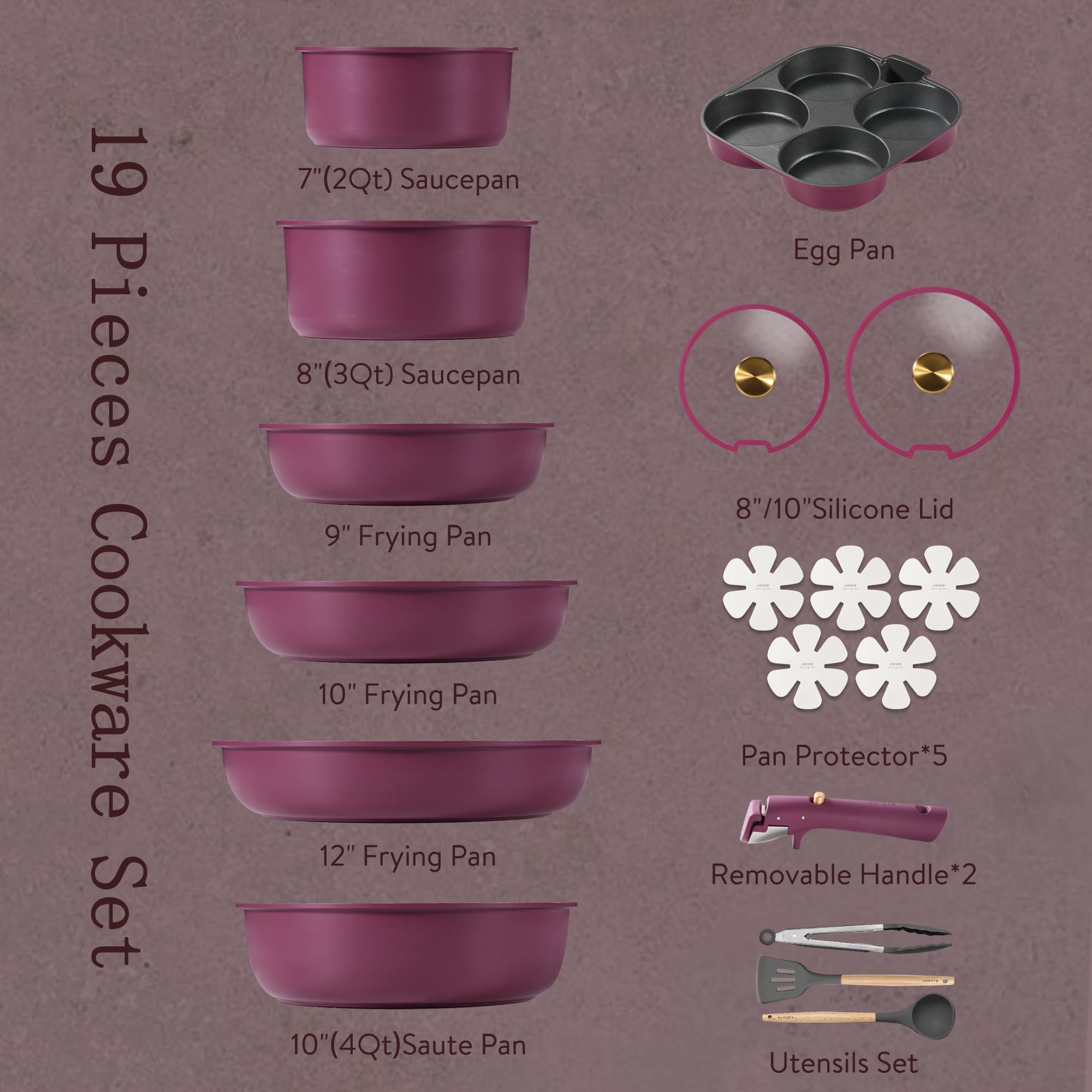 **CAROTE 19-Piece Nonstick Cookware Set with Detachable Handles - Induction Compatible, Gold & Purple - Perfect for RV, Camping & Small Kitchen Cooking**