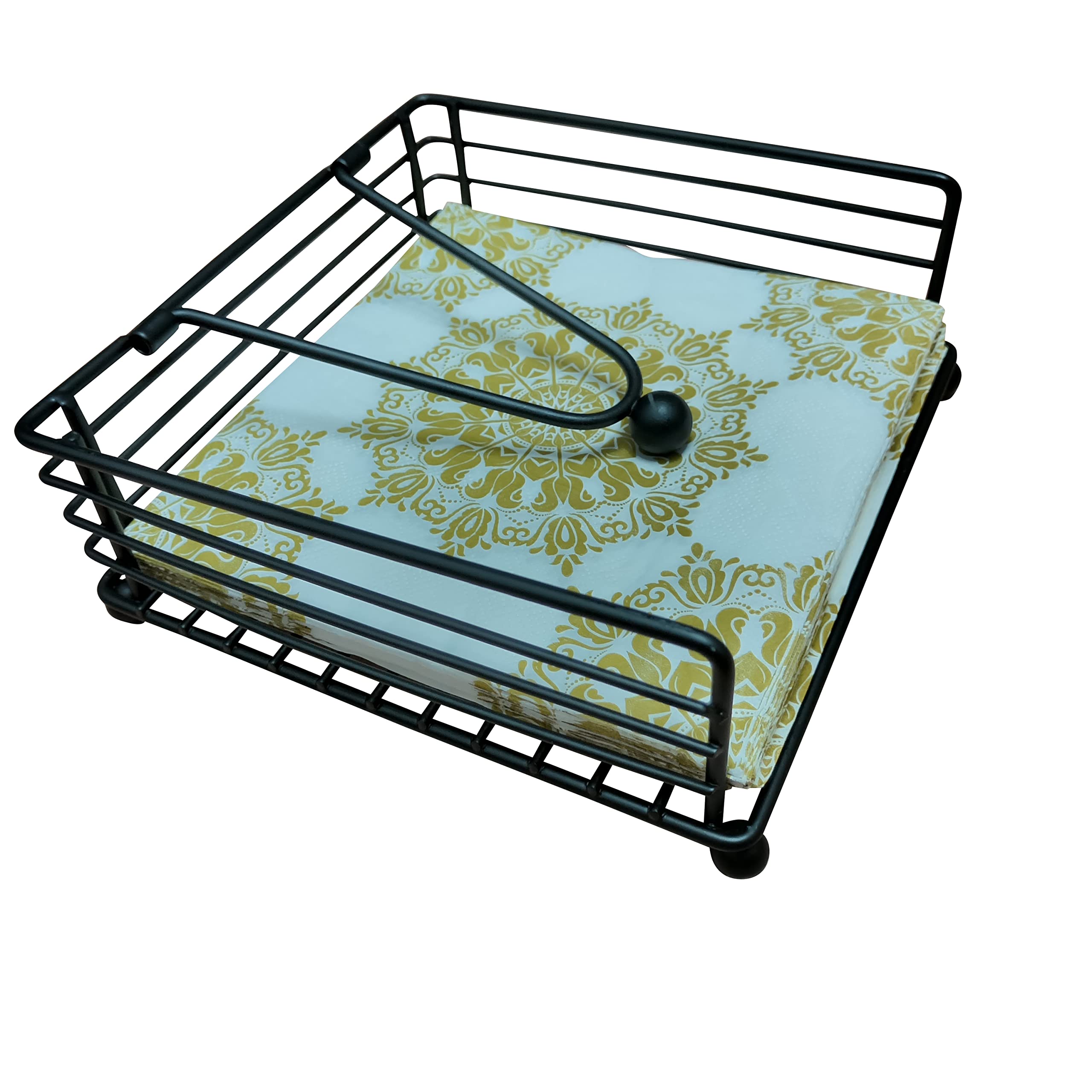 Black Metal Napkin Holder with Weighted Arm - 7x7 Inch Flat Napkin Dispenser for Kitchen, Restaurant & Bathroom - Perfect for Cocktail Parties, Dining Tables & Home Decor