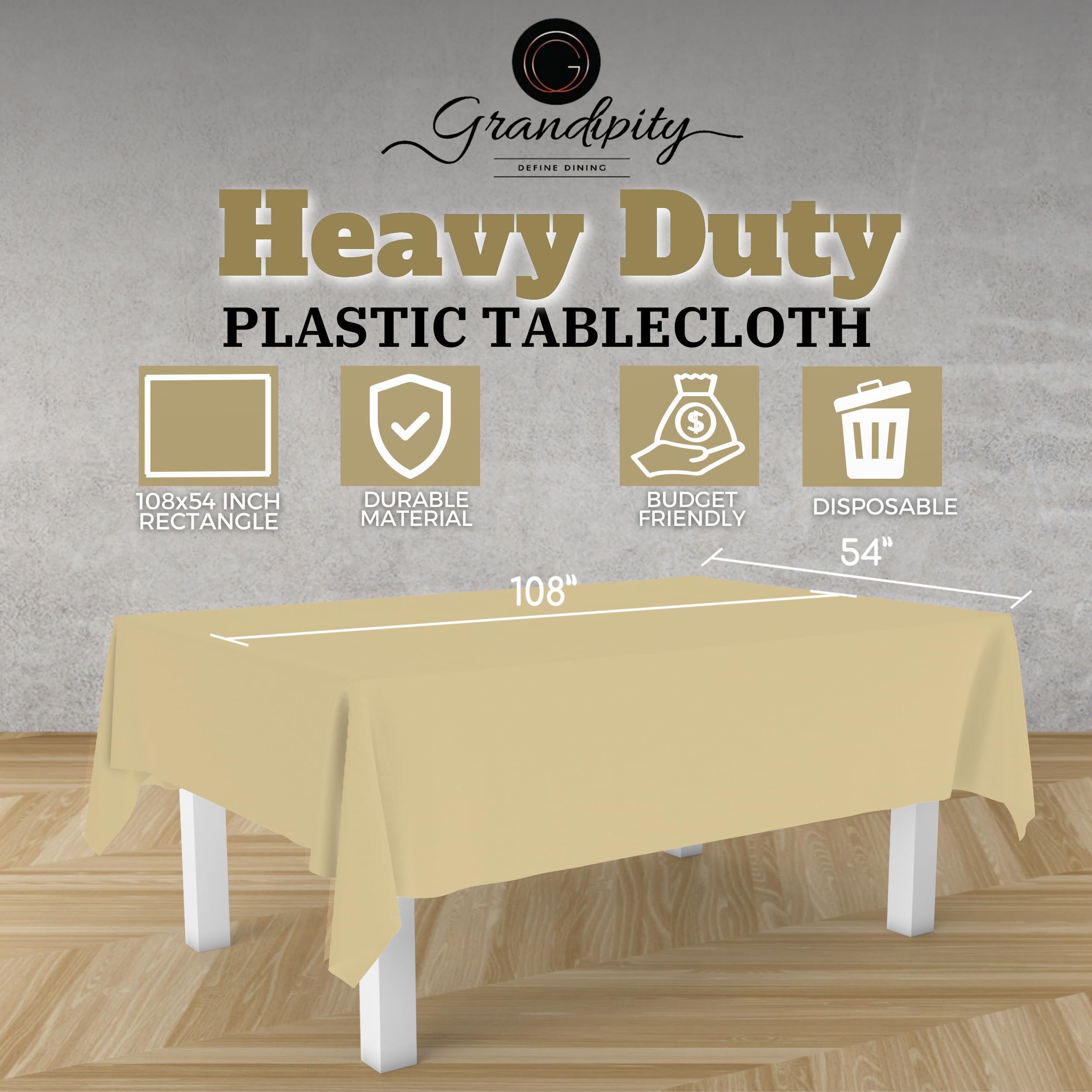 Premium Disposable Plastic Tablecloth - Beige (6 Pack) 54x108 Inch Rectangle Table Cover for Parties, Picnics & Events - Fits 6ft to 8ft Tables - Waterproof & Easy Clean for Indoor/Outdoor Use