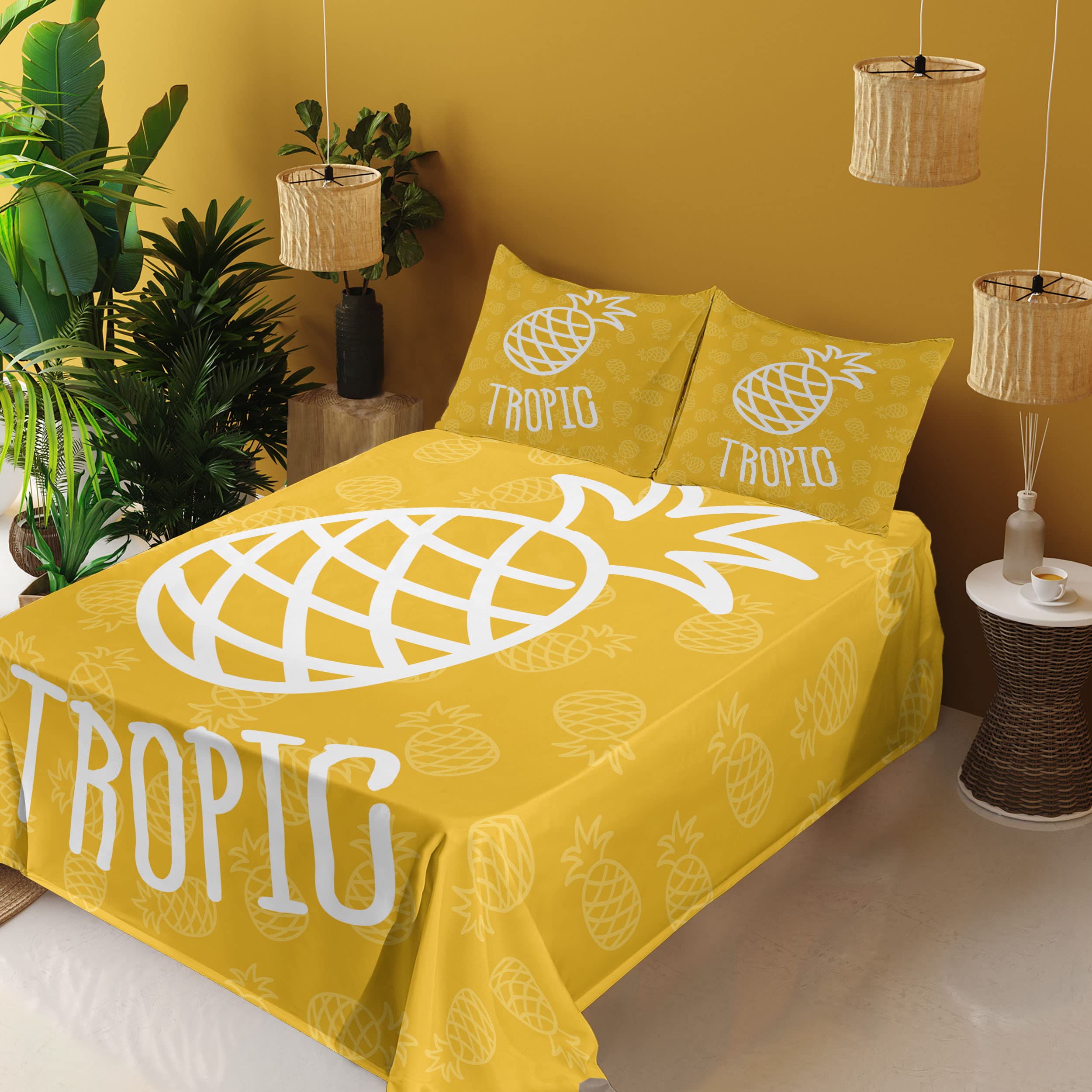Ambesonne Yellow & White King Size 4-Piece Sheet Set - Tropical Pineapple Hawaiian Design, Fitted & Flat Sheets with Pillowcases - Soft Bedding for Summer, Beach House Decor, Guest Room & Vacation Home Essentials