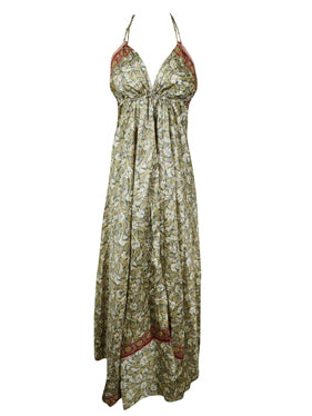 Boho Maxi Dress for Women - Gray Floral Strap Dress, Recycled Silk Handmade Summer Dress in S/M - Perfect for Beach Vacations, Music Festivals & Boho Chic Outfits