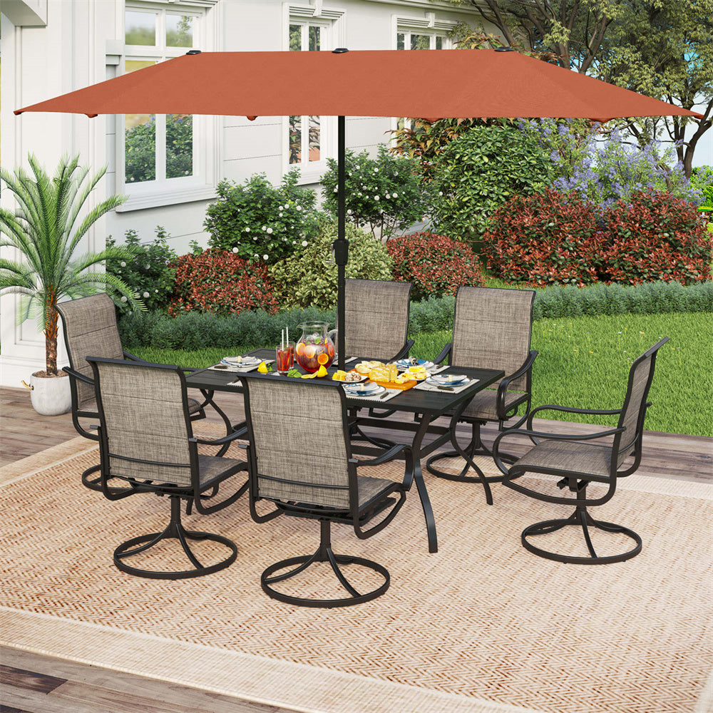 PHI VILLA 8-Piece Outdoor Patio Dining Set with 13ft Sunbrella Umbrella, Textilene Swivel Chairs & Rectangle Slat Table - Perfect for Backyard, Garden, Poolside and Outdoor Entertaining