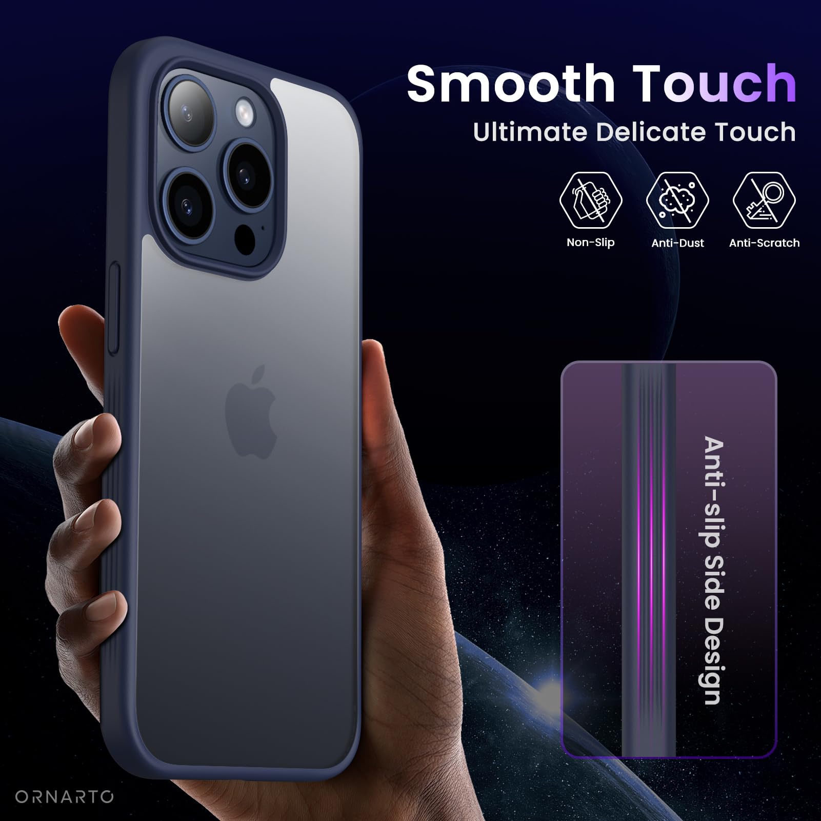 ORNARTO Matte Shockproof iPhone 15 Pro Case with Translucent Back - Full Body Protection Navy Blue Cover for Everyday Use & Outdoor Activities