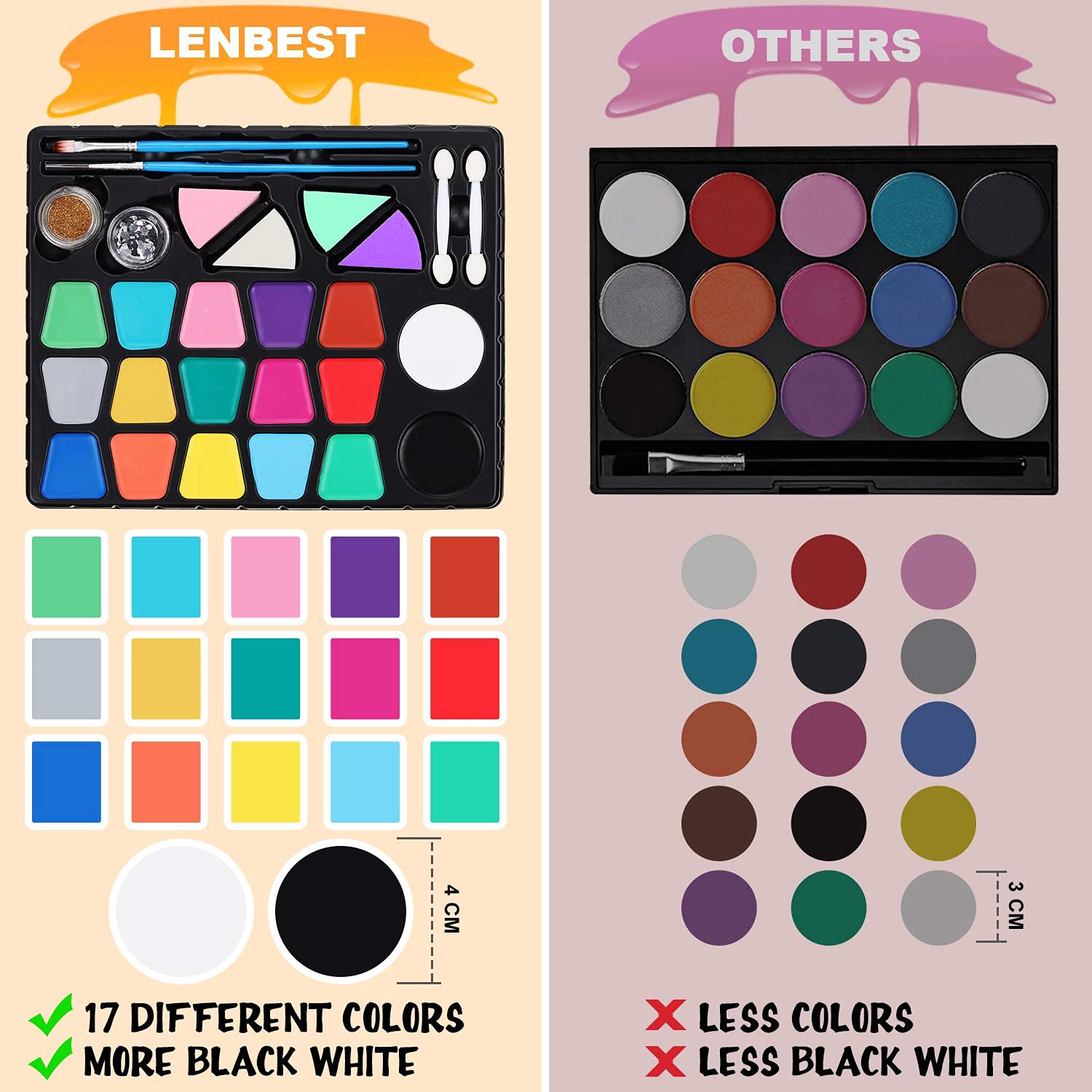Lenbest Face Paint for Kids - 17 Vibrant Colors, Non-Toxic & Washable Face Paint Kit - Safe Halloween Makeup, Birthday Party, Carnival & Costume Face Painting for Boys and Girls - Perfect for Halloween, Birthday Parties, School Events & Dress-Up Play