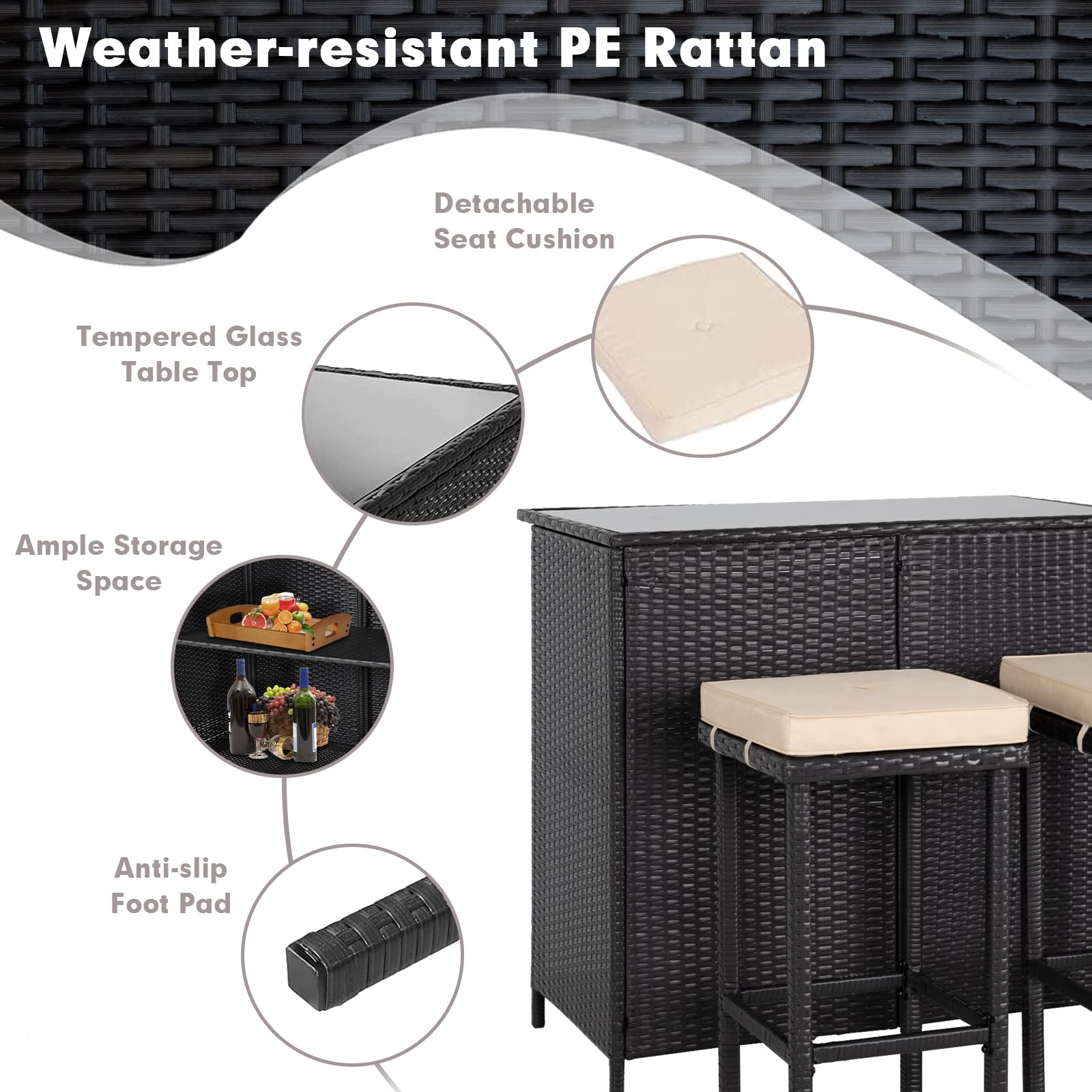 3-Piece Rattan Outdoor Bar Set with 2 Bar Stools & Glass Top Table - Large Storage Space, Brown Wicker Patio Furniture with 9FT Khaki Round Umbrella - Perfect for Backyard, Poolside & Garden Entertaining