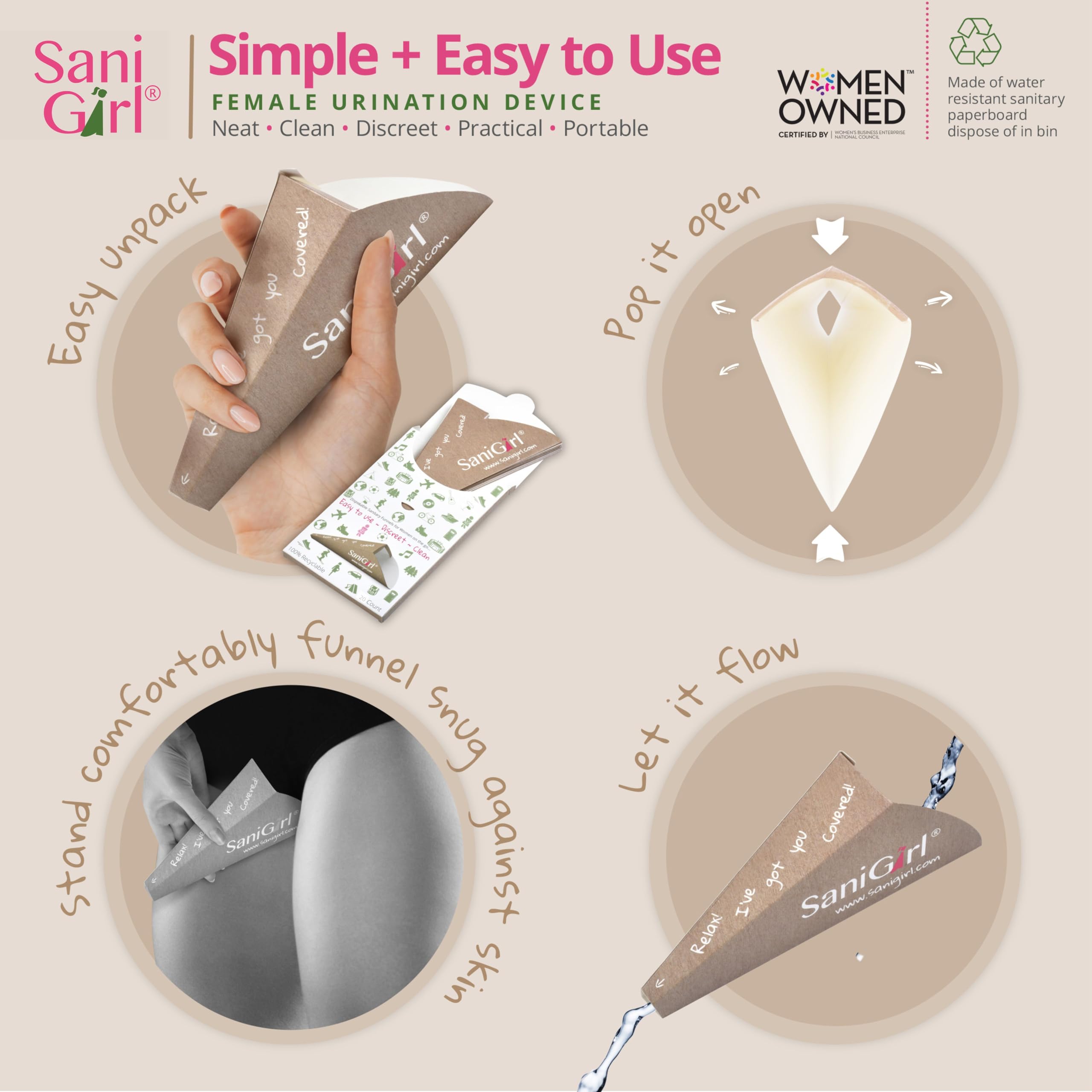 SaniGirl Disposable Female Urination Device - 20 Pack Leak-Proof Pee Funnel for Women, Travel & Camping Essentials | Portable Female Urinal for Outdoor Activities, Hiking, Road Trips & Emergency Use
