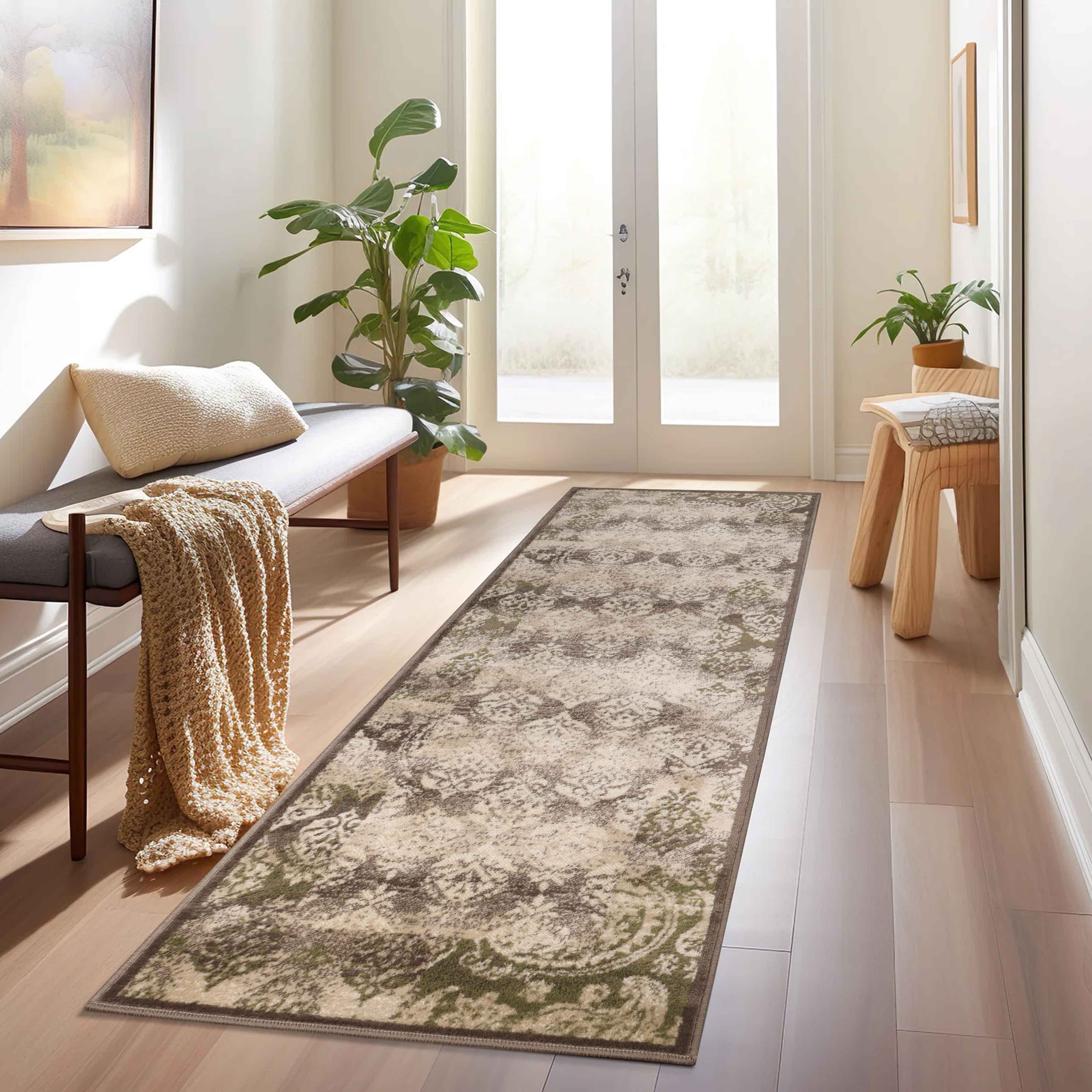 Stylish Modern Damask Indoor Area Rugs & Runners - Non-Slip Soft Living Room Carpet for Bedroom, Hallway, Entryway - Home Decor Floor Mat