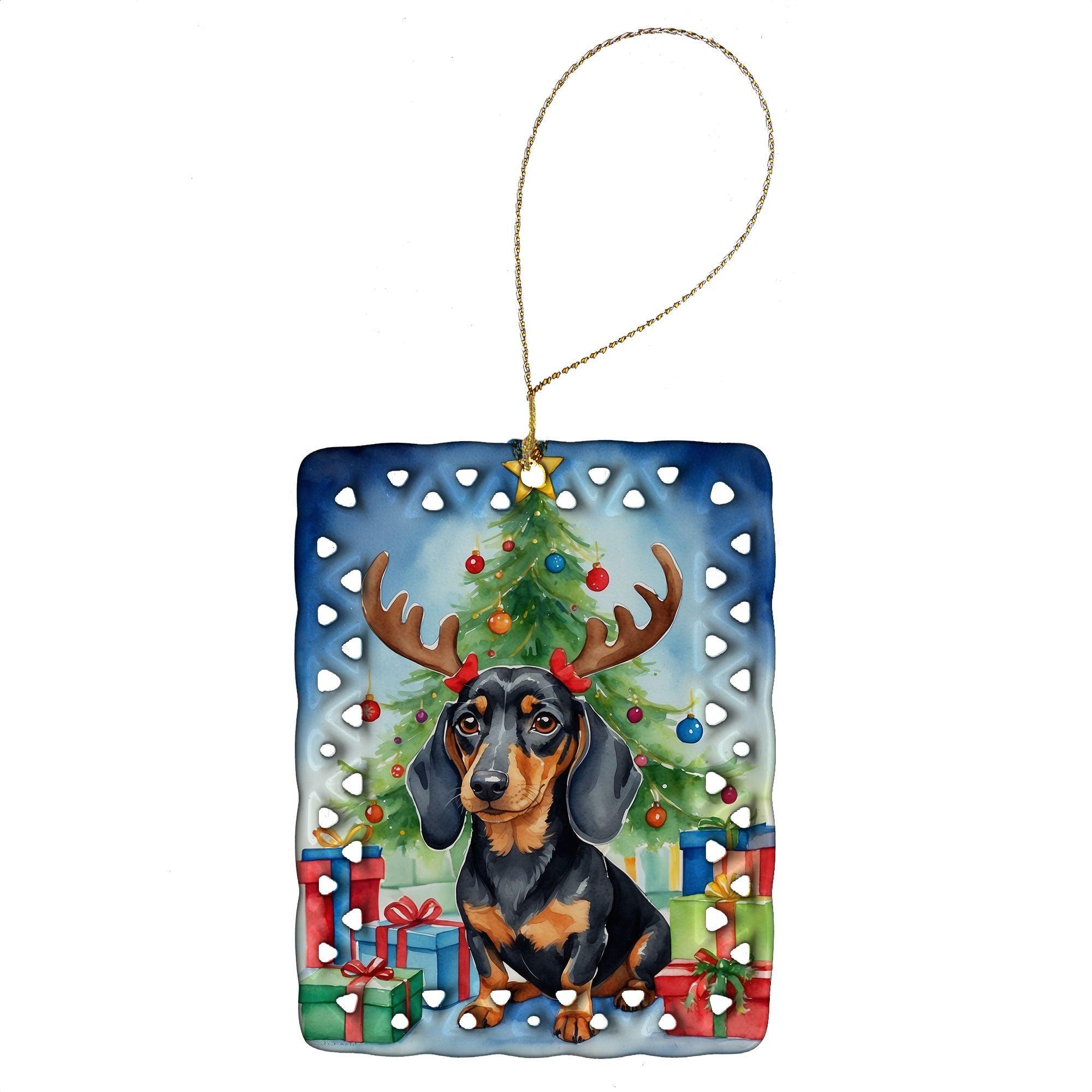 Black and Tan Dachshund Christmas Reindeer Porcelain Ornament - Holiday Tree Hanging Decor for Home, Rectangle Gift for Pet Lovers (Multicolor) | Perfect for Christmas Tree Decorations, Gift Exchanges & Festive Home Décor