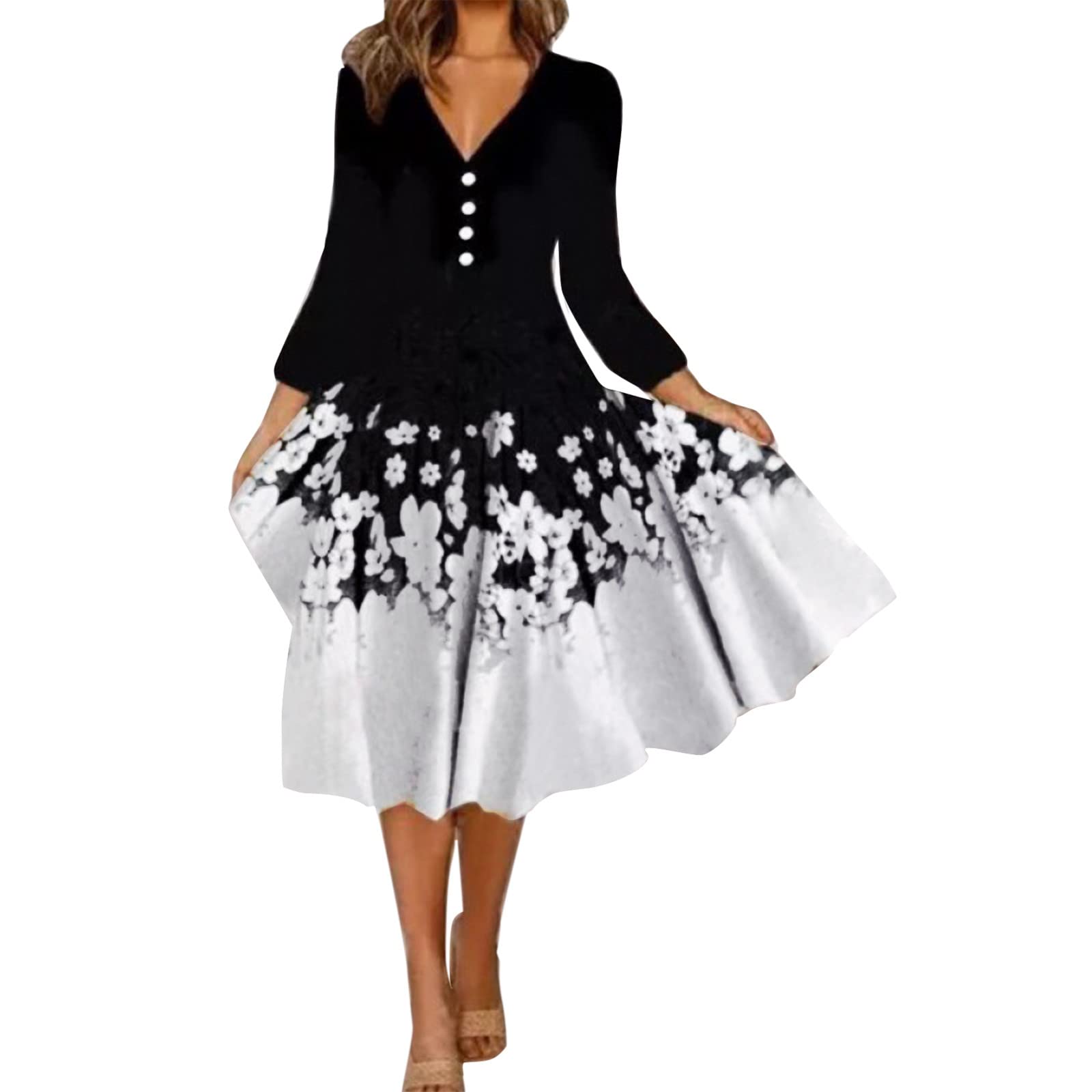 Women's Midi Length Dress - Fashionable & Elegant Casual Round Neck Long Sleeve Printed Fall Dress for Work, Date Night & Autumn Outings