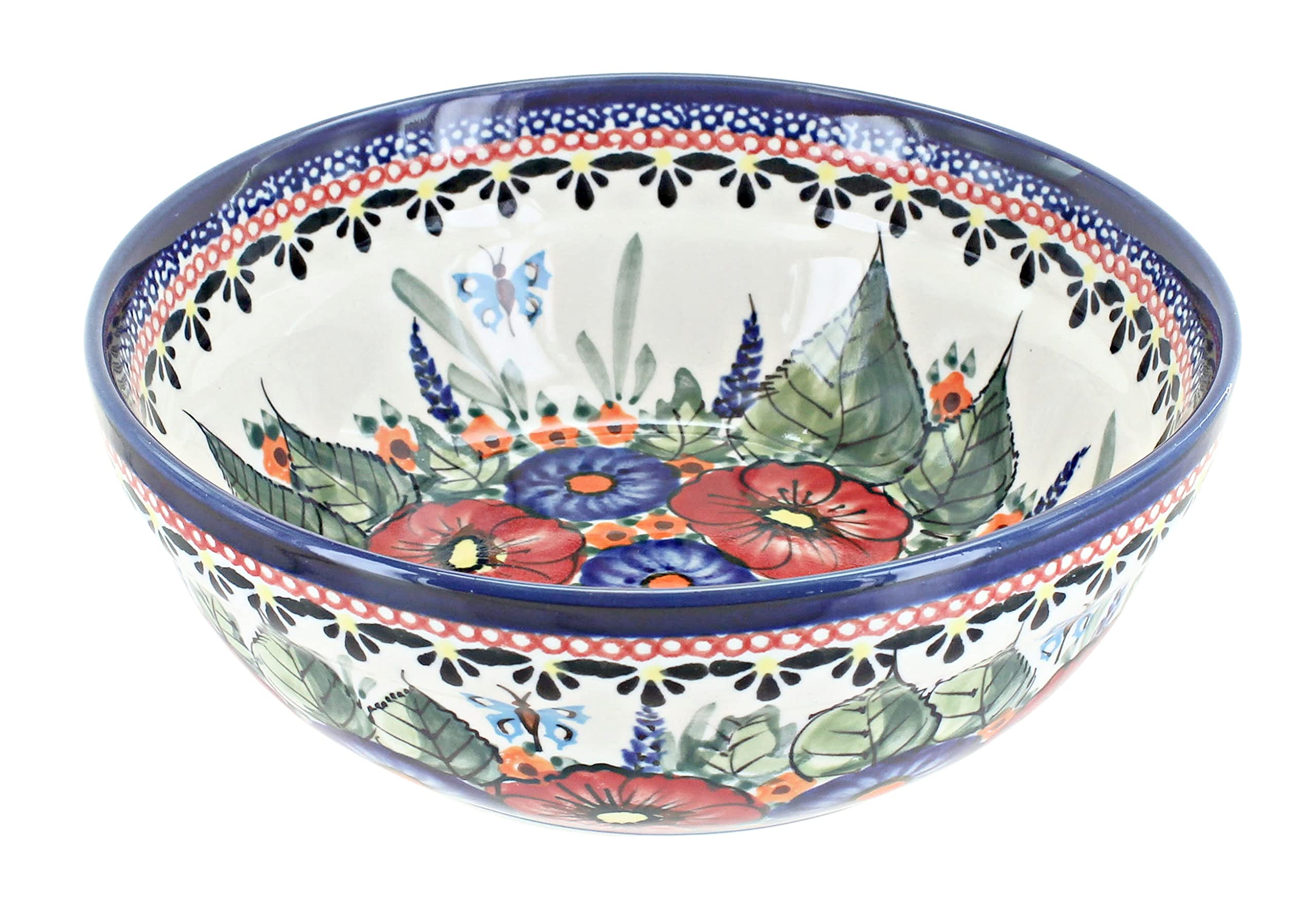 Handmade Blue Rose Polish Pottery Bowl - Floral Butterfly Design Ceramic Soup & Cereal Bowl - Perfect for Breakfast, Soup, Salad & Home Decor