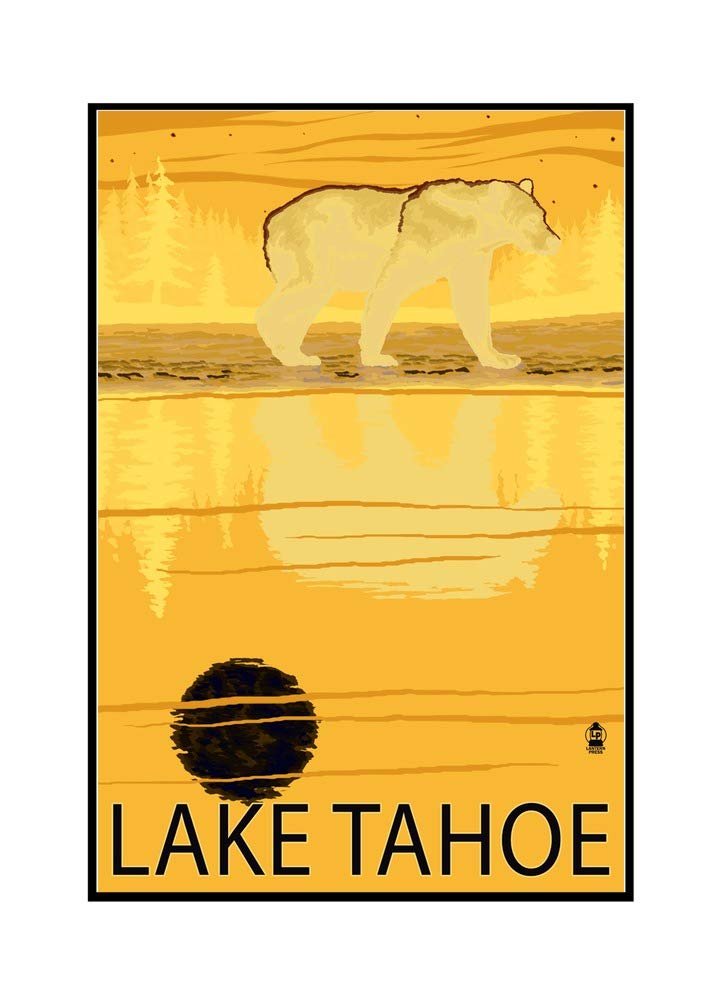 Lake Tahoe California Bear at Night - 24x36 Framed Gallery Wrapped Canvas Wall Art - Perfect for Living Room, Bedroom & Office Decor