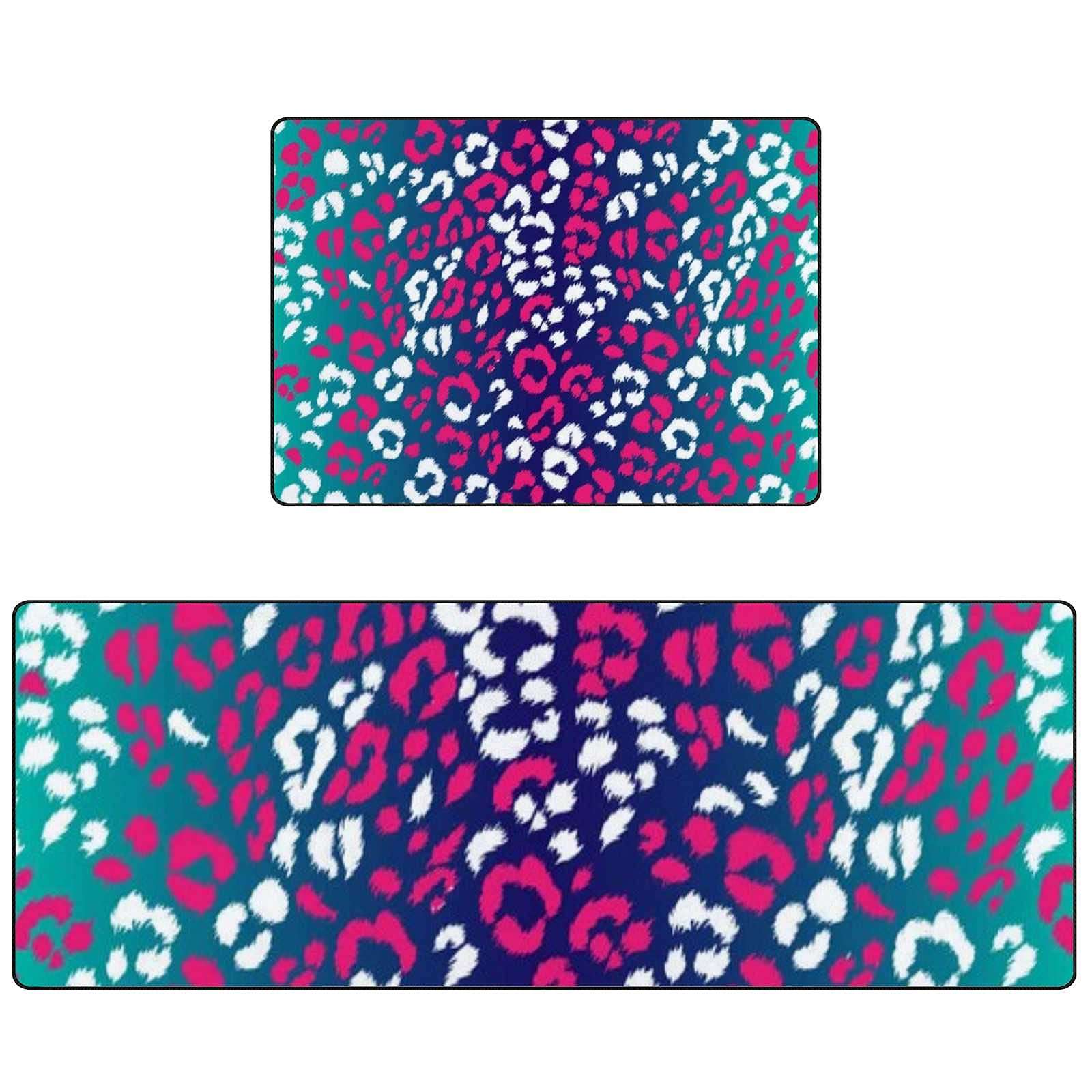 Non-Slip Kitchen Rugs Set of 2 - Soft Absorbent Coral Velvet Washable Floor Mats (17.7x29.1Inch + 17.7x58.2Inch) - Bright Leopard Print for Modern Kitchen Decor, Perfect for Sink, Stove and High-Traffic Areas