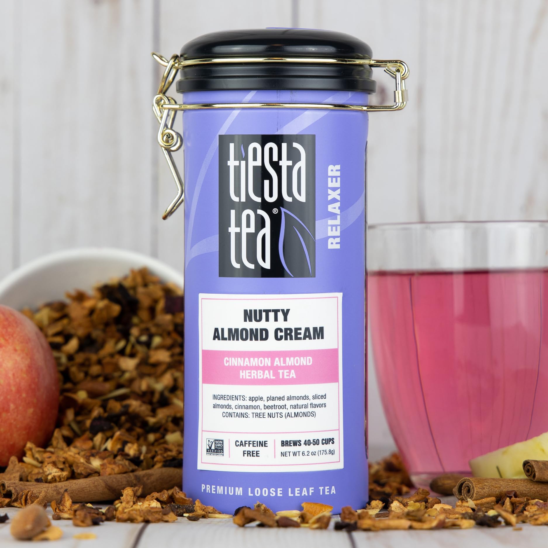 Premium Nutty Almond Cream Loose Leaf Herbal Tea - Cinnamon Almond Flavor, Non-Caffeinated Fruit Blend | Hot or Iced Tea | 6.2oz Refillable Tin (50 Cups) | Perfect for Relaxation, Afternoon Tea & Gift Giving