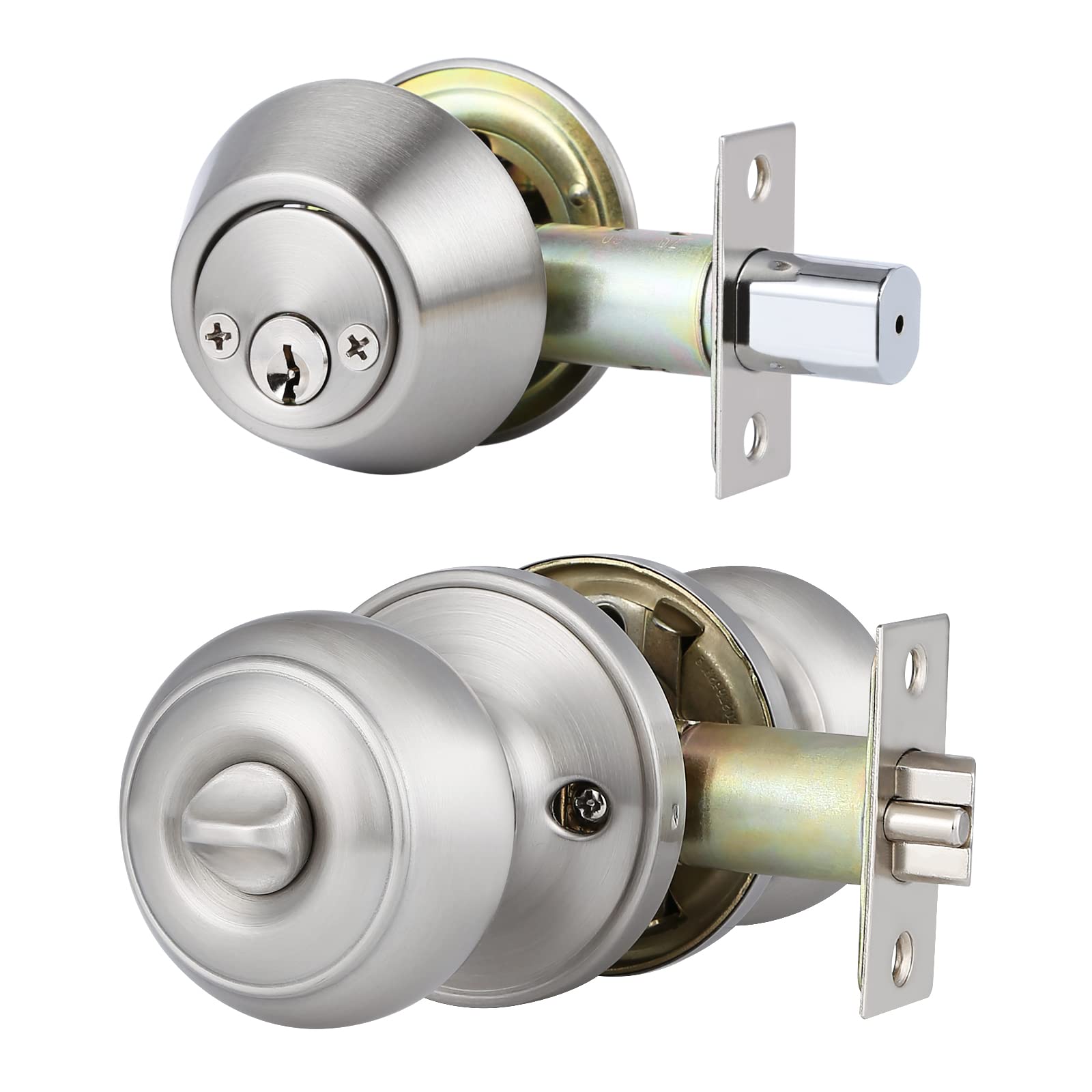 2 Pack Keyed Alike Door Knob & Deadbolt Set - Satin Nickel for Front Door Security