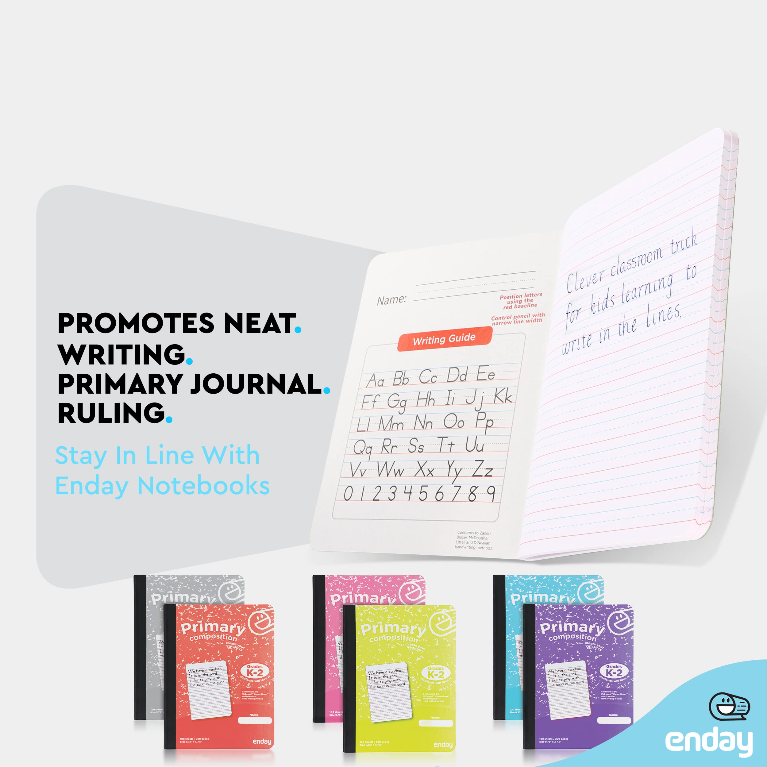 Enday Primary Composition Notebook K-2 - 6 Pack of Primary Ruled Writing Books for Kindergarten & Elementary Students (100 Sheets Each) - Pink, Purple, Green, Blue, Red, Grey - Perfect for Classroom, Homeschooling & Creative Writing Practice