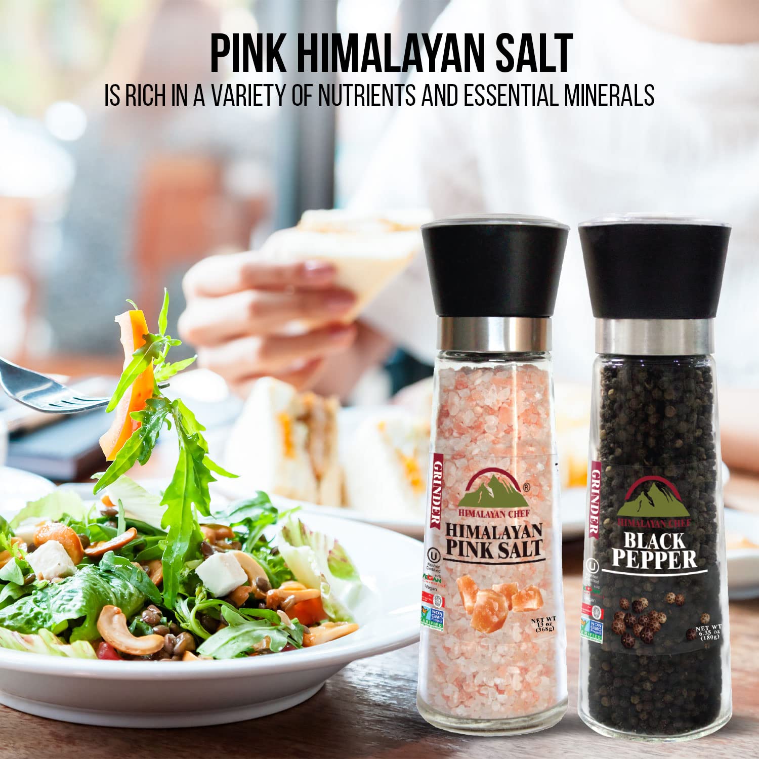 Premium Himalayan Pink Salt & Pepper Grinder Set - 2 Adjustable Ceramic Mills with Glass Containers - Large Salt Shaker & Pepper Mill for Gourmet Cooking, Kitchen, Dining Table & Restaurant Use (5351AX2)