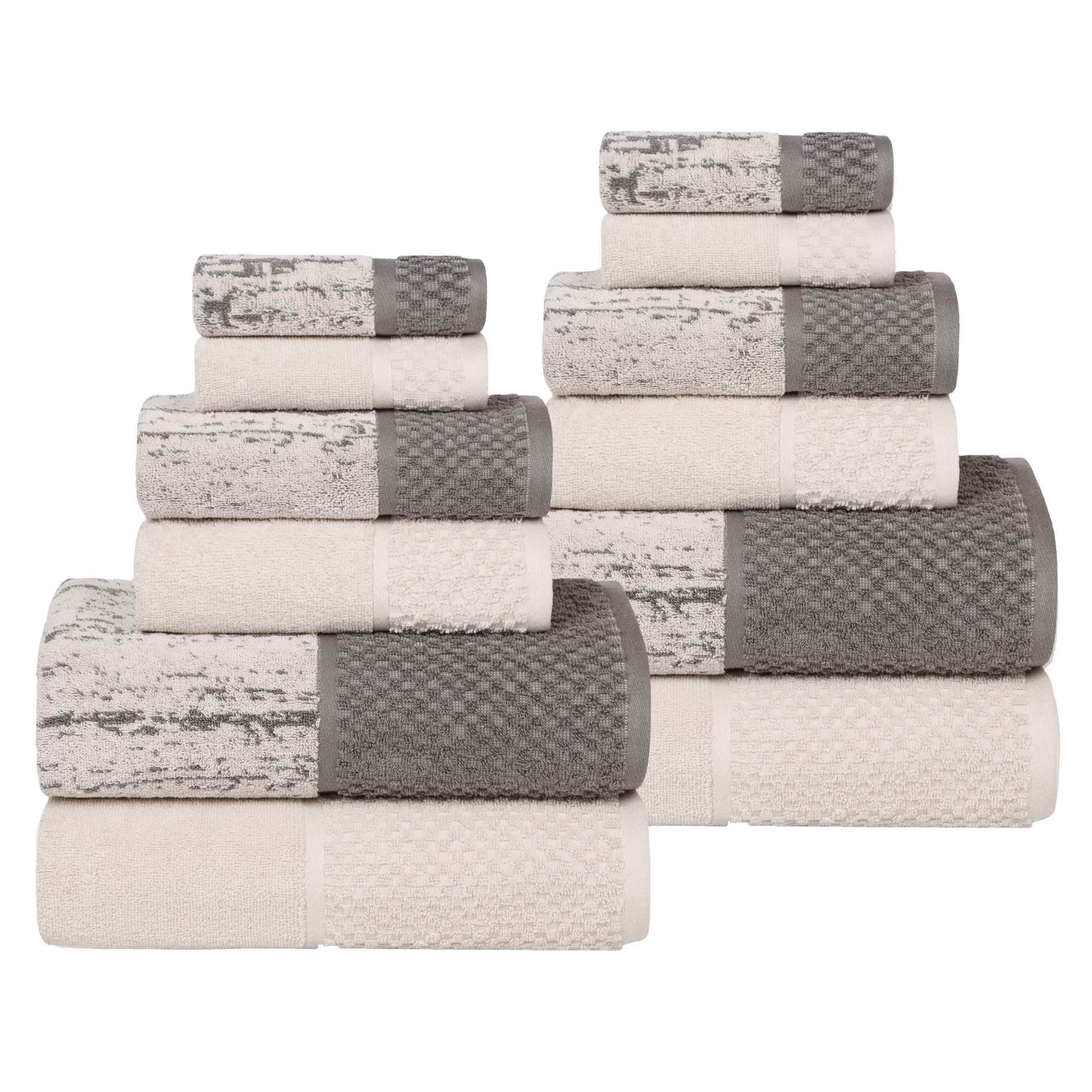Premium 12-Piece Cotton Plush Jacquard Towel Set - Soft & Absorbent Solid & Two-Toned Bath Towels for Spa, Bathroom & Guest Use