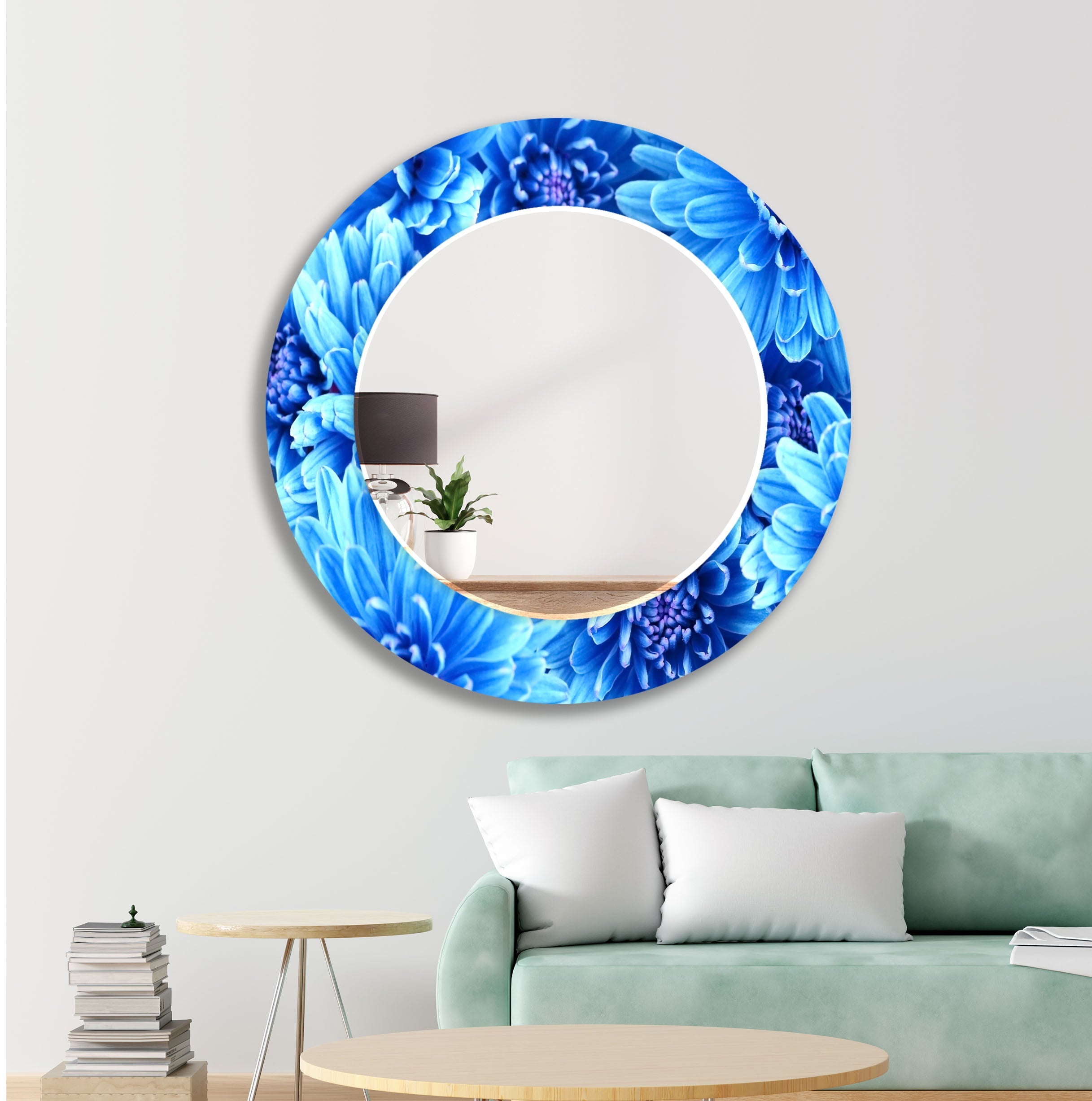 Large Blue Floral Wall Mirror - Elegant Home Decor for Living Room, Bedroom, or Entryway