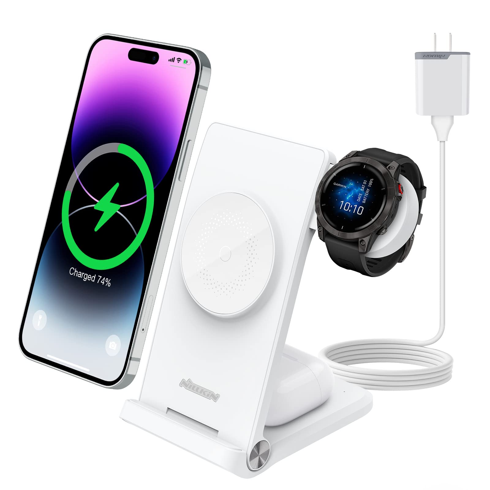 Nillkin 3-in-1 Foldable Magsafe Wireless Charging Station for Garmin Watch (Instinct Fenix 7/7S, Forerunner 245/745/945, Vivoactive) & iPhone 16/15/14/13/12 & AirPods 2/3/Pro - Portable Travel Charger Stand for Home, Office, and Car Use