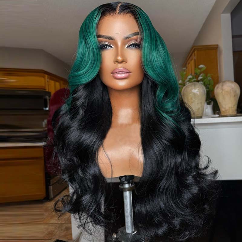 Eullair Ombre Dark Green Black Body Wave Lace Front Wig 1B Roots Pre-Colored Human Hair Lace Wig for Women - Perfect for Cosplay, Parties & Daily Styling (EW013)
