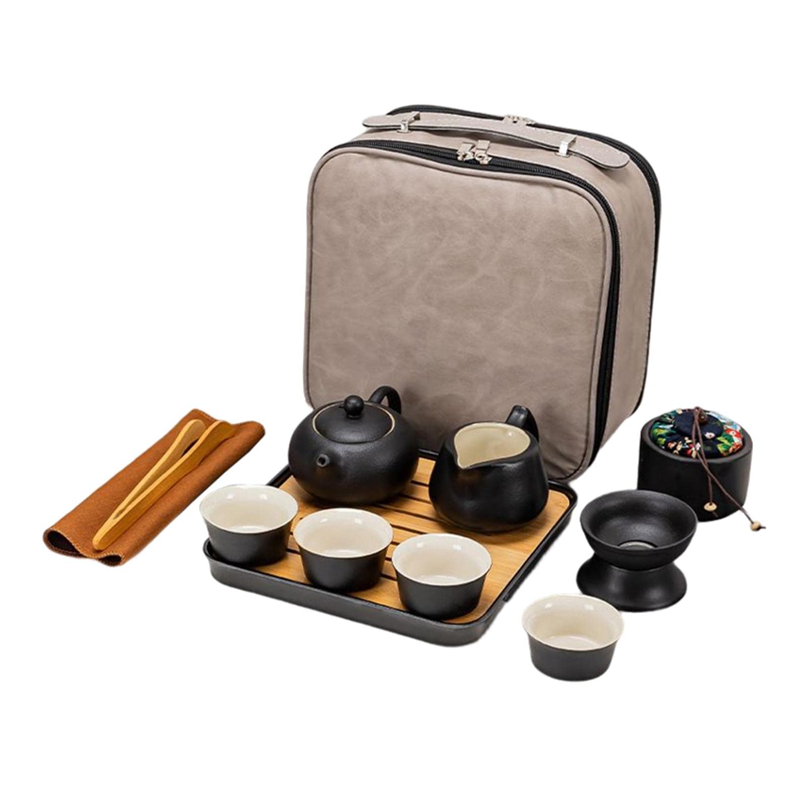 Bothyi Portable Travel Tea Set - Black Ceramic Teapot with Cups & Tray | Compact Tea Accessories Gift for Camping, Picnic & Office Use