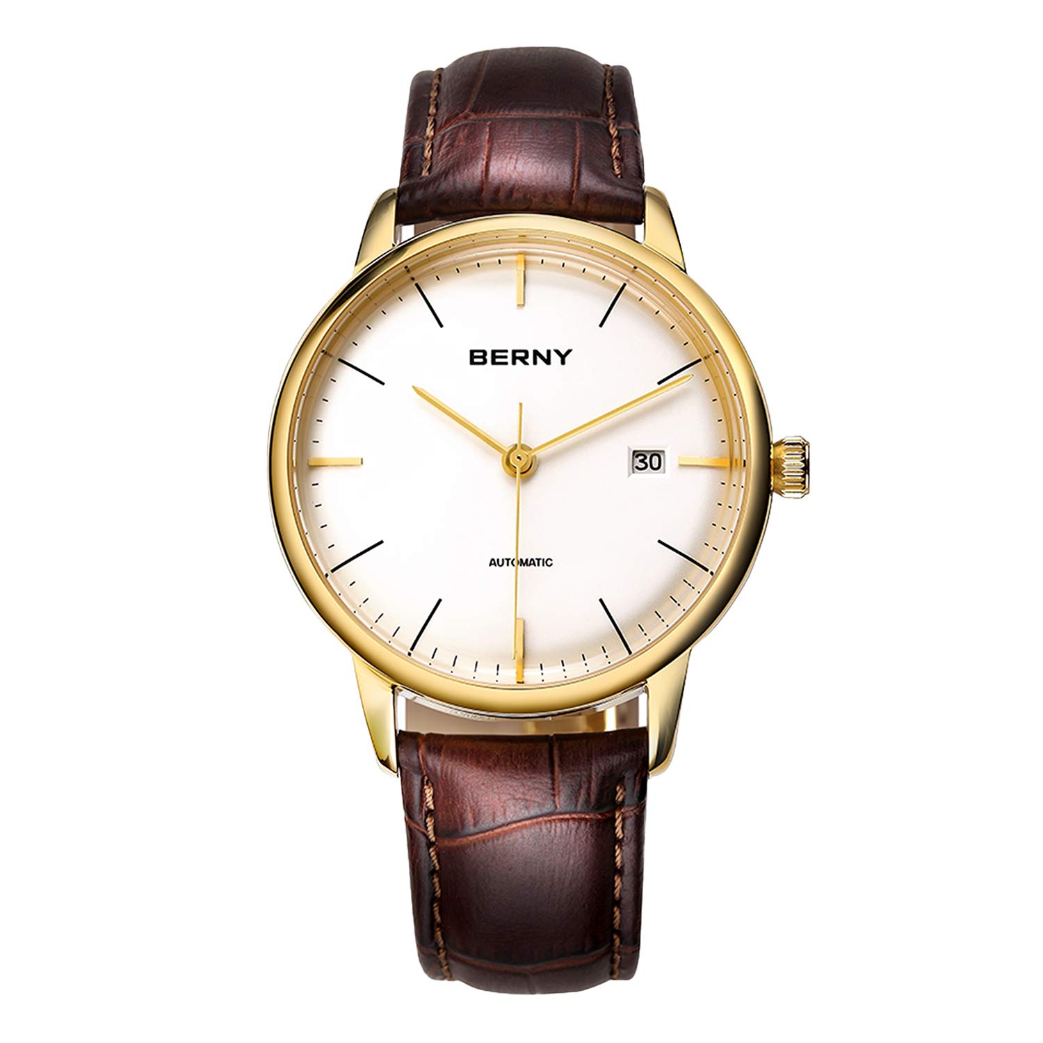 BERNY Ultra Thin Automatic Watch for Men - Minimalist Design with Genuine Leather Strap - Water Resistant Dress Watch for Business, Office & Formal Occasions