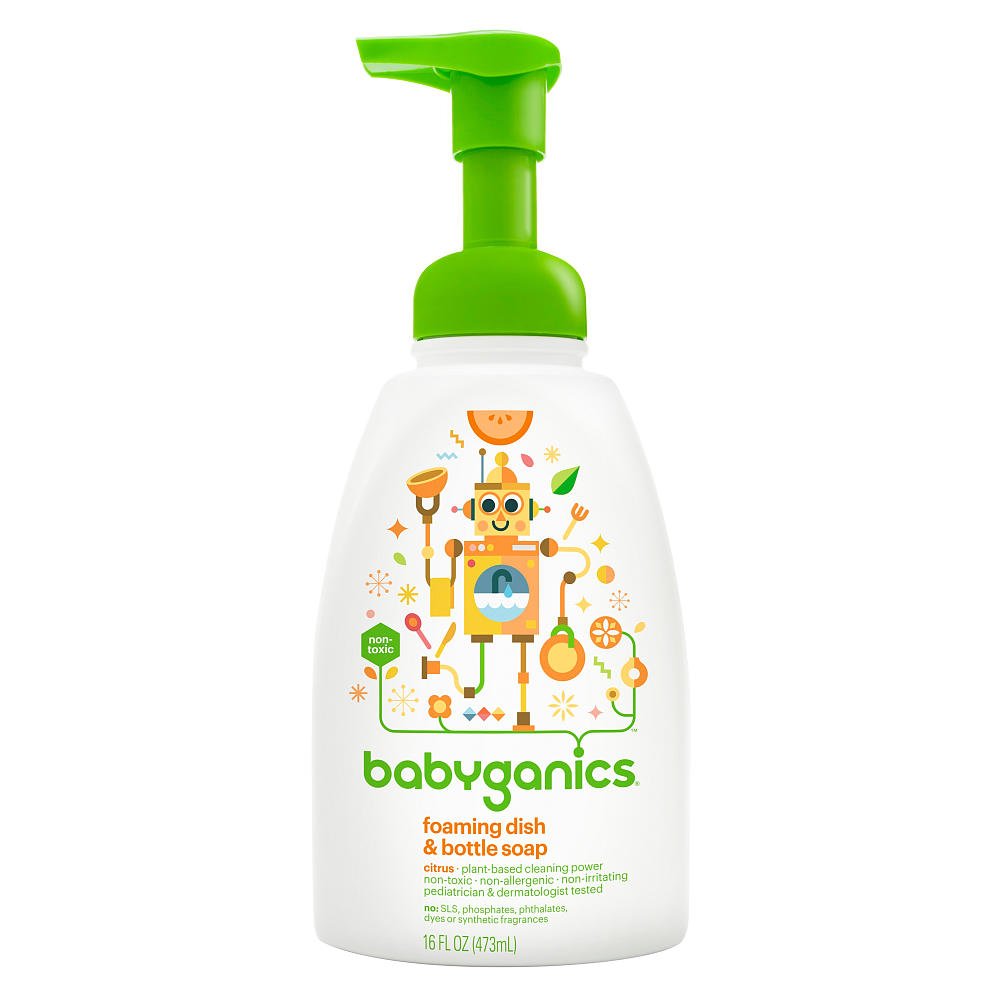 Babyganics Foaming Dish & Bottle Soap - Plant-Based Citrus Scent, 16 Fl Oz | Gentle Formula for Baby Bottles, Pacifiers & Toys | Removes Dried Milk & Food Residue | Perfect for Nursery, Kitchen & Travel Use