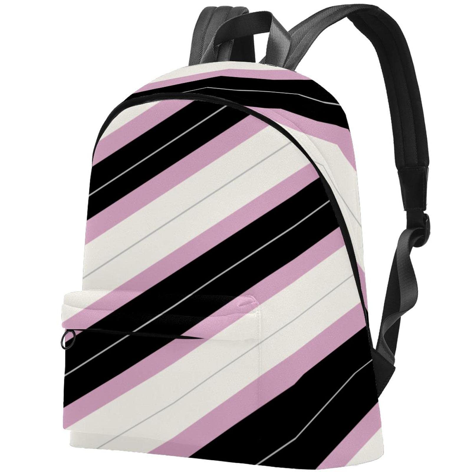 Stylish Canvas Backpack for College & Travel - Unisex Striped Design (Black/Pink/White) - Perfect for School, Commuting & Weekend Getaways